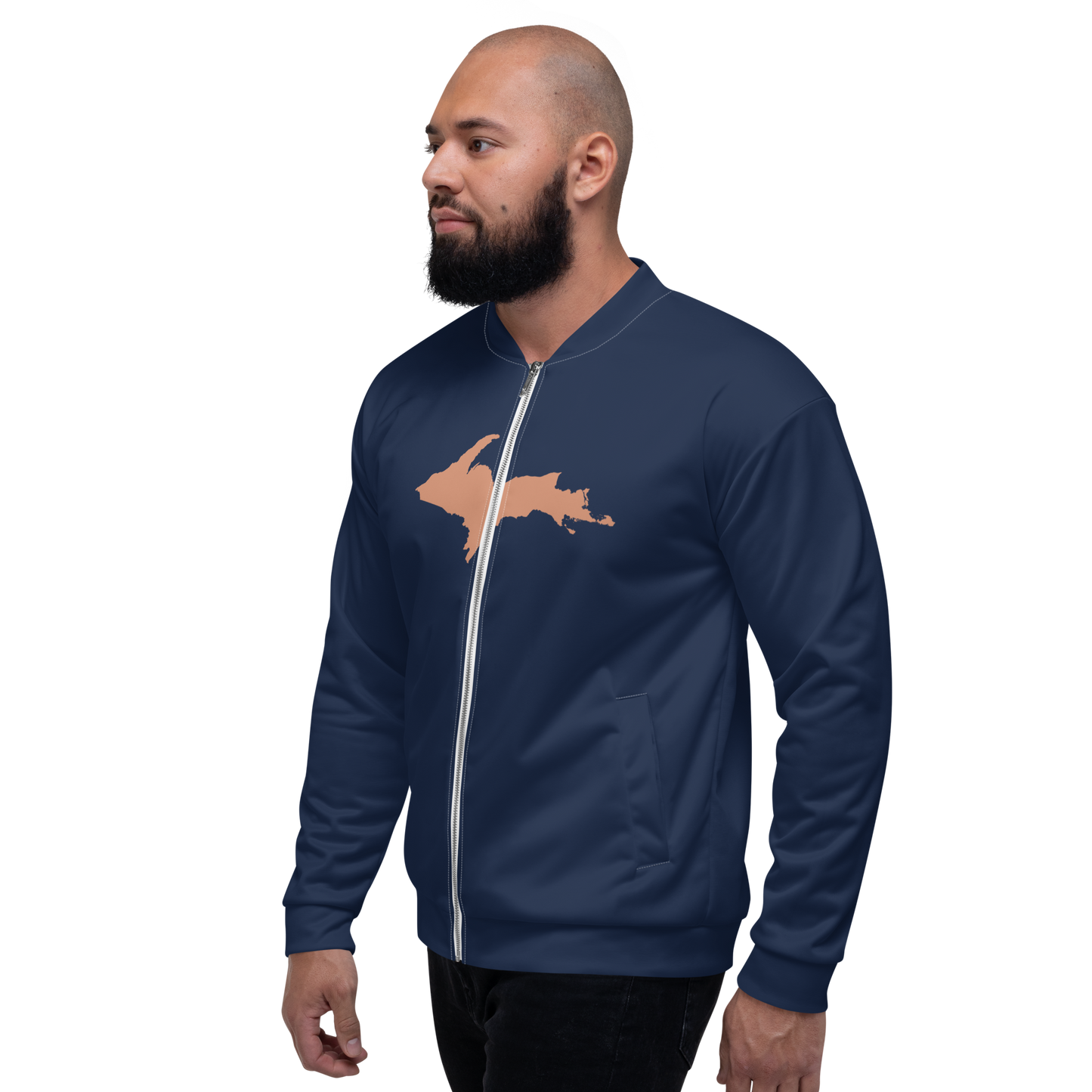 Michigan Upper Peninsula Bomber Jacket (w/ Large Copper UP Outline) | Navy