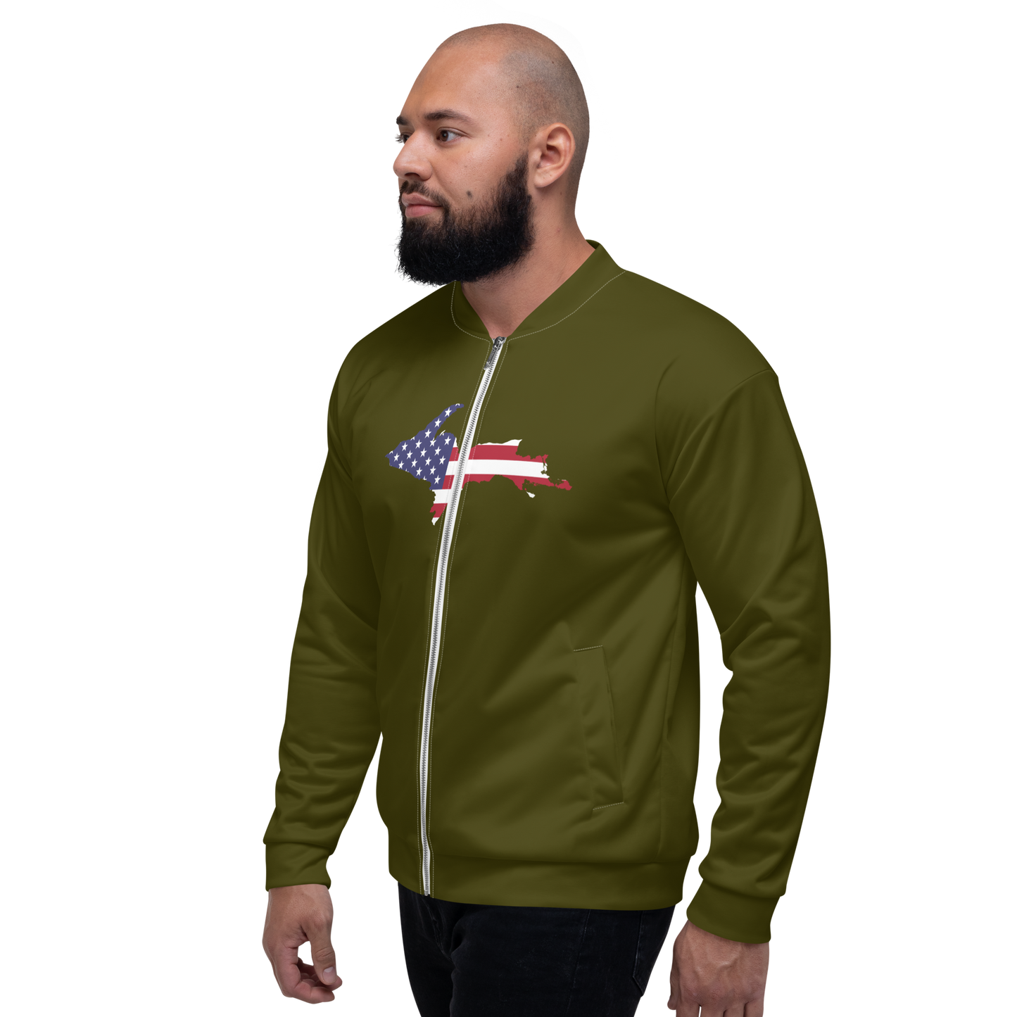 Michigan Upper Peninsula Bomber Jacket (w/ Large UP USA Flag Outline) | Military Green