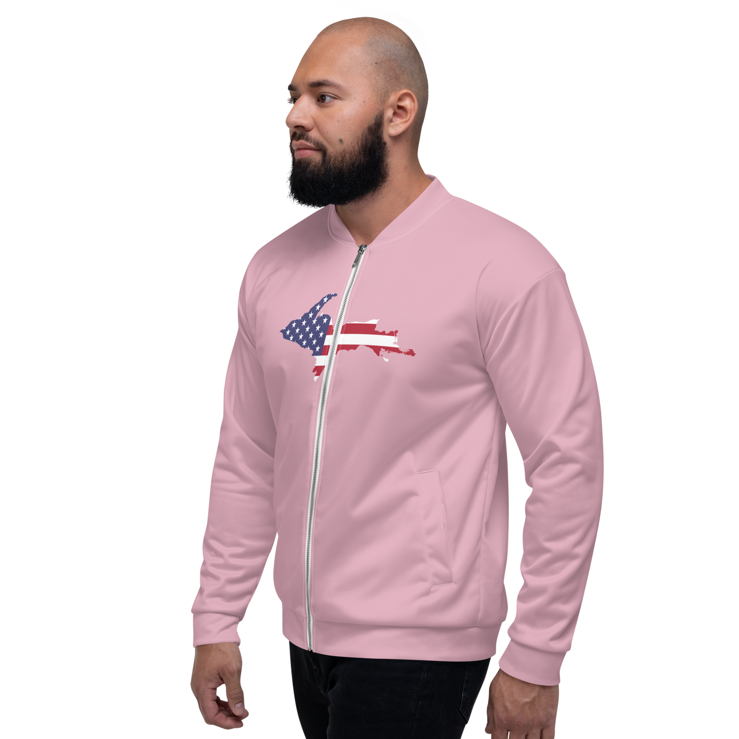 Michigan Upper Peninsula Bomber Jacket (w/ Large UP USA Flag Outline) | Pink