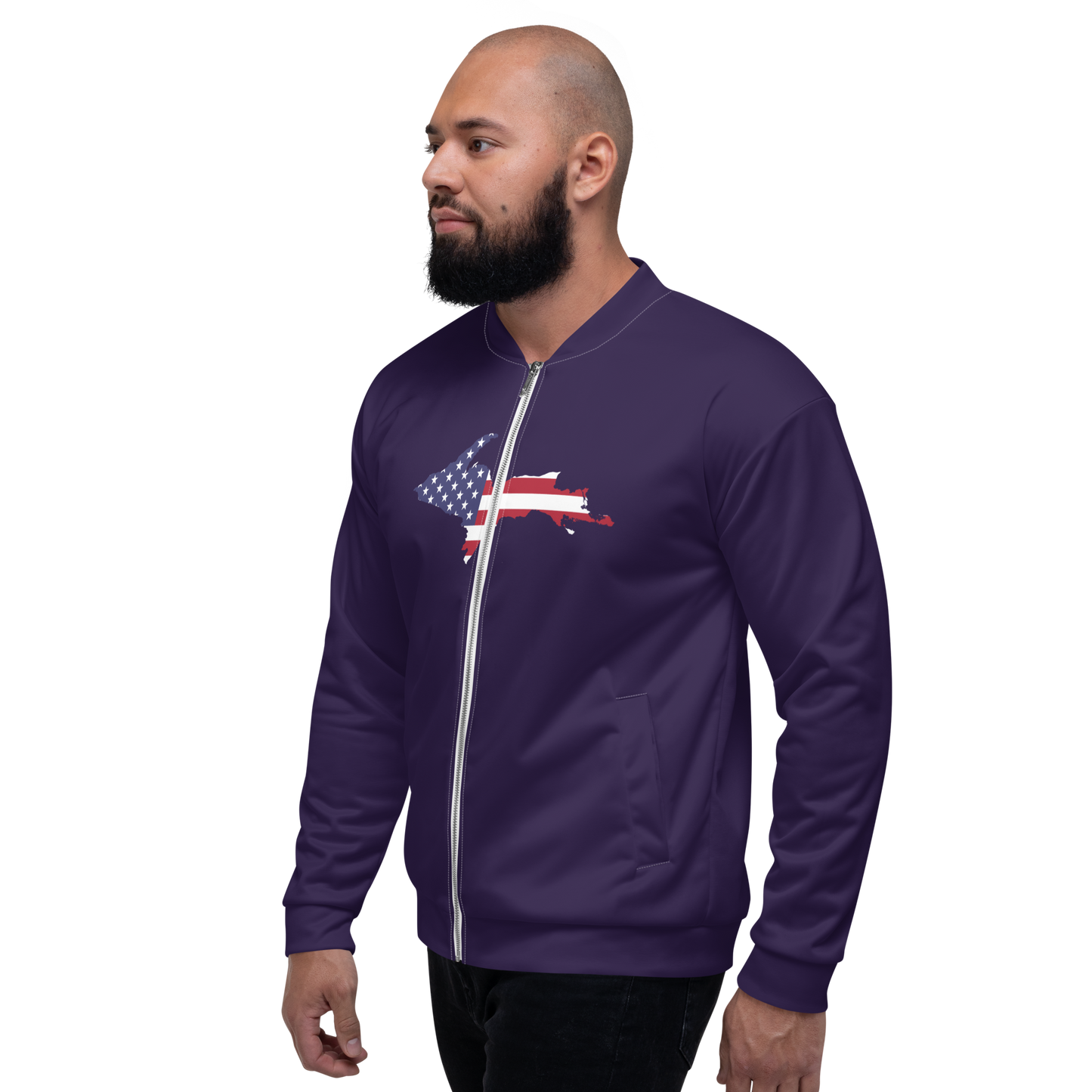 Michigan Upper Peninsula Bomber Jacket (w/ Large UP USA Flag Outline) | Blackcurrant Color