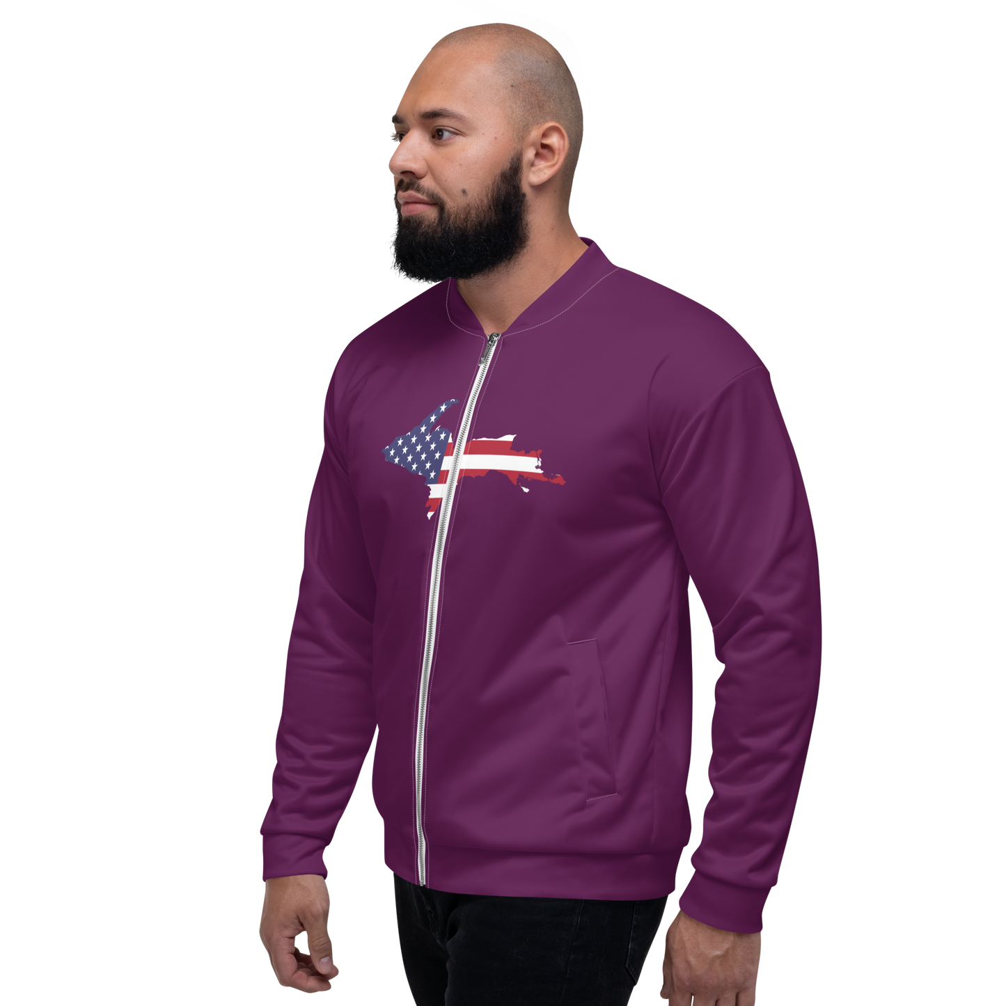 Michigan Upper Peninsula Bomber Jacket (w/ Large UP USA Flag Outline) | Tyrian Purple