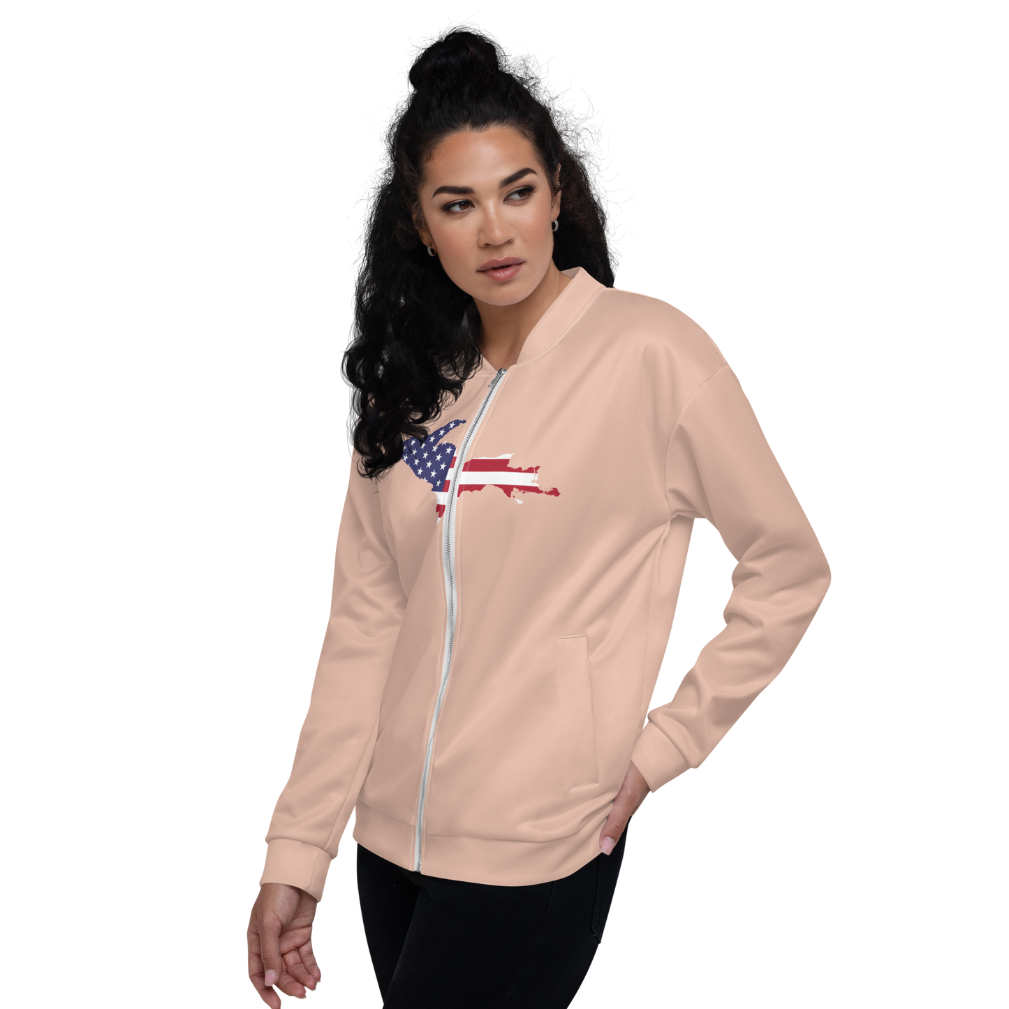 Michigan Upper Peninsula Bomber Jacket (w/ Large UP USA Flag Outline) | Zinnwaldite Pink