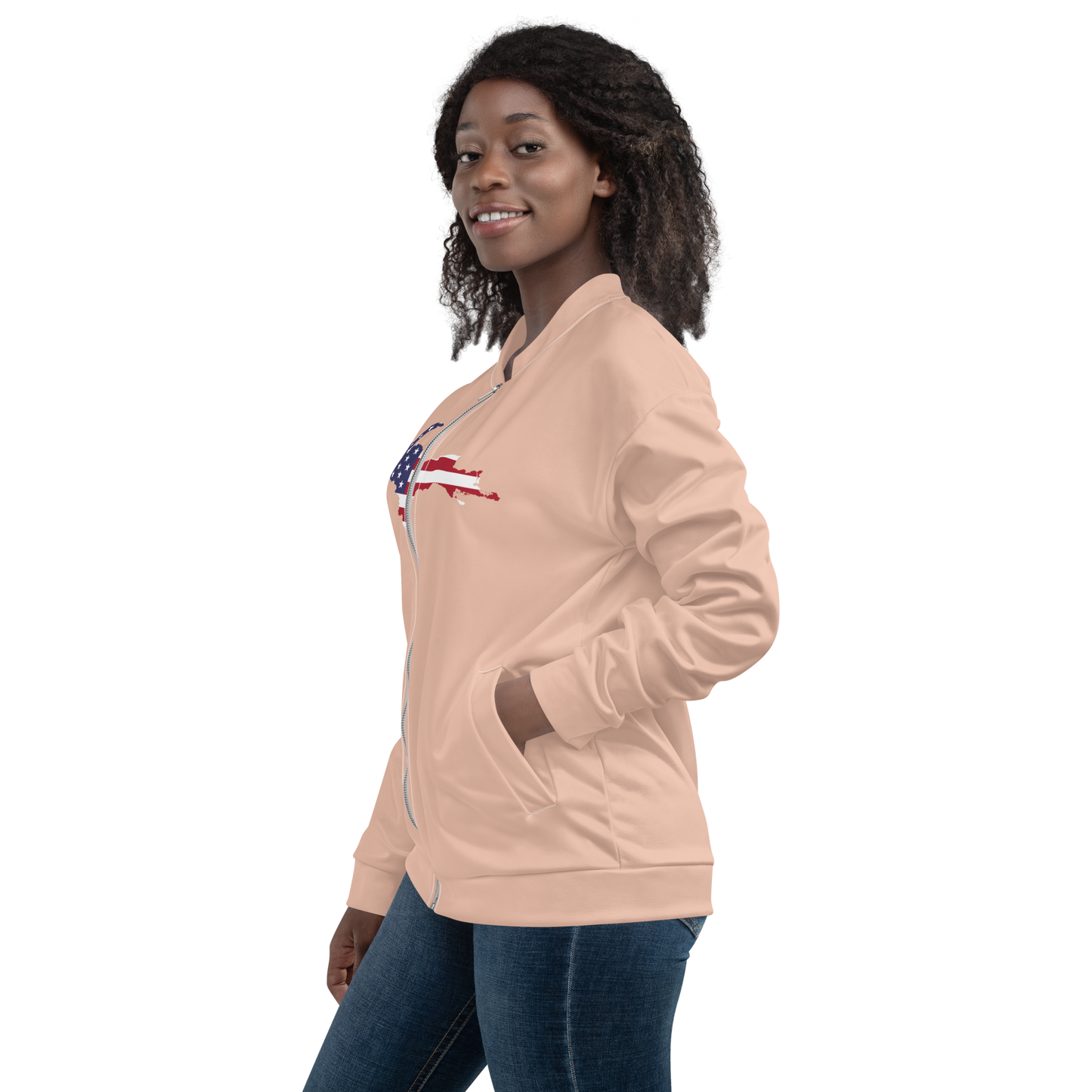 Michigan Upper Peninsula Bomber Jacket (w/ Large UP USA Flag Outline) | Zinnwaldite Pink