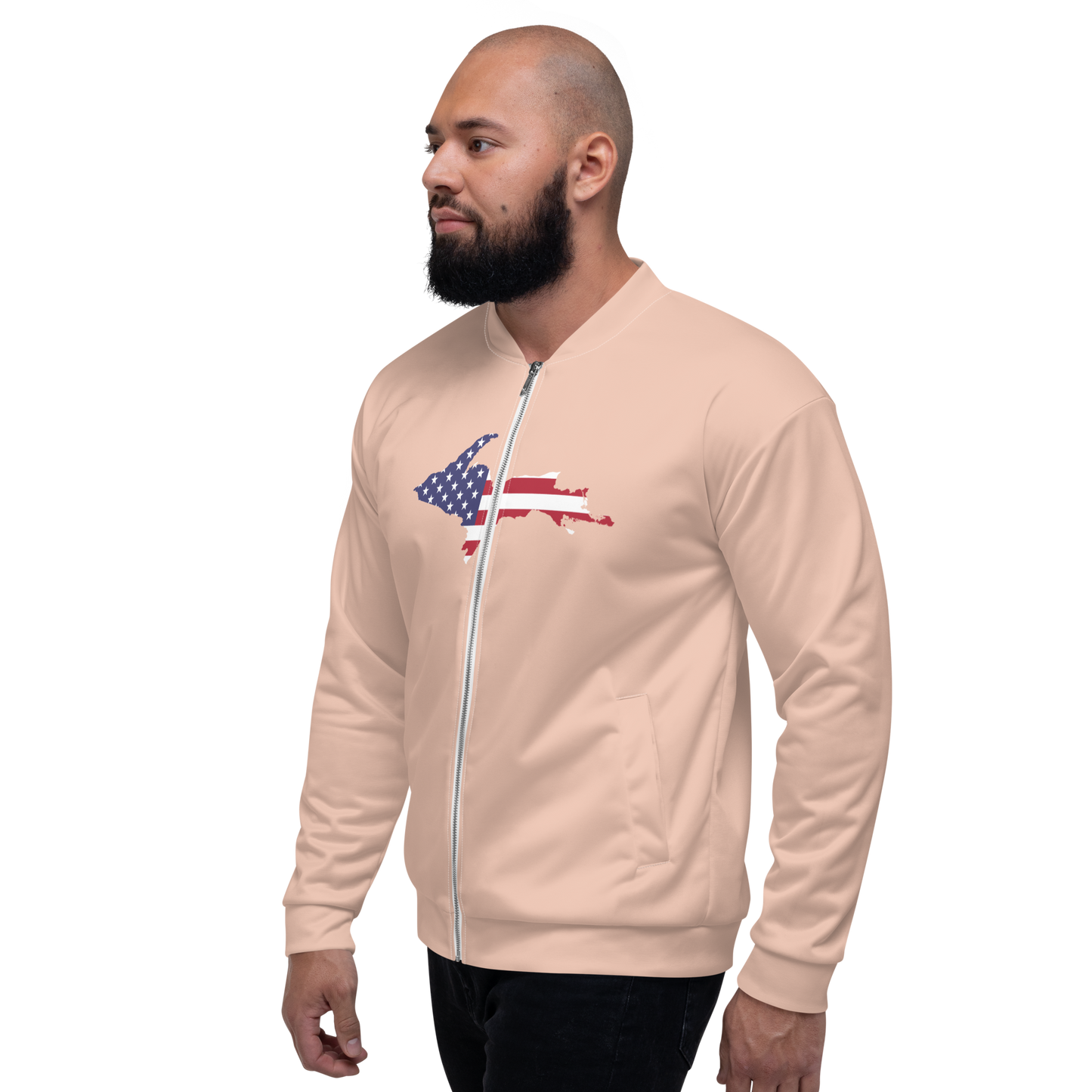 Michigan Upper Peninsula Bomber Jacket (w/ Large UP USA Flag Outline) | Zinnwaldite Pink