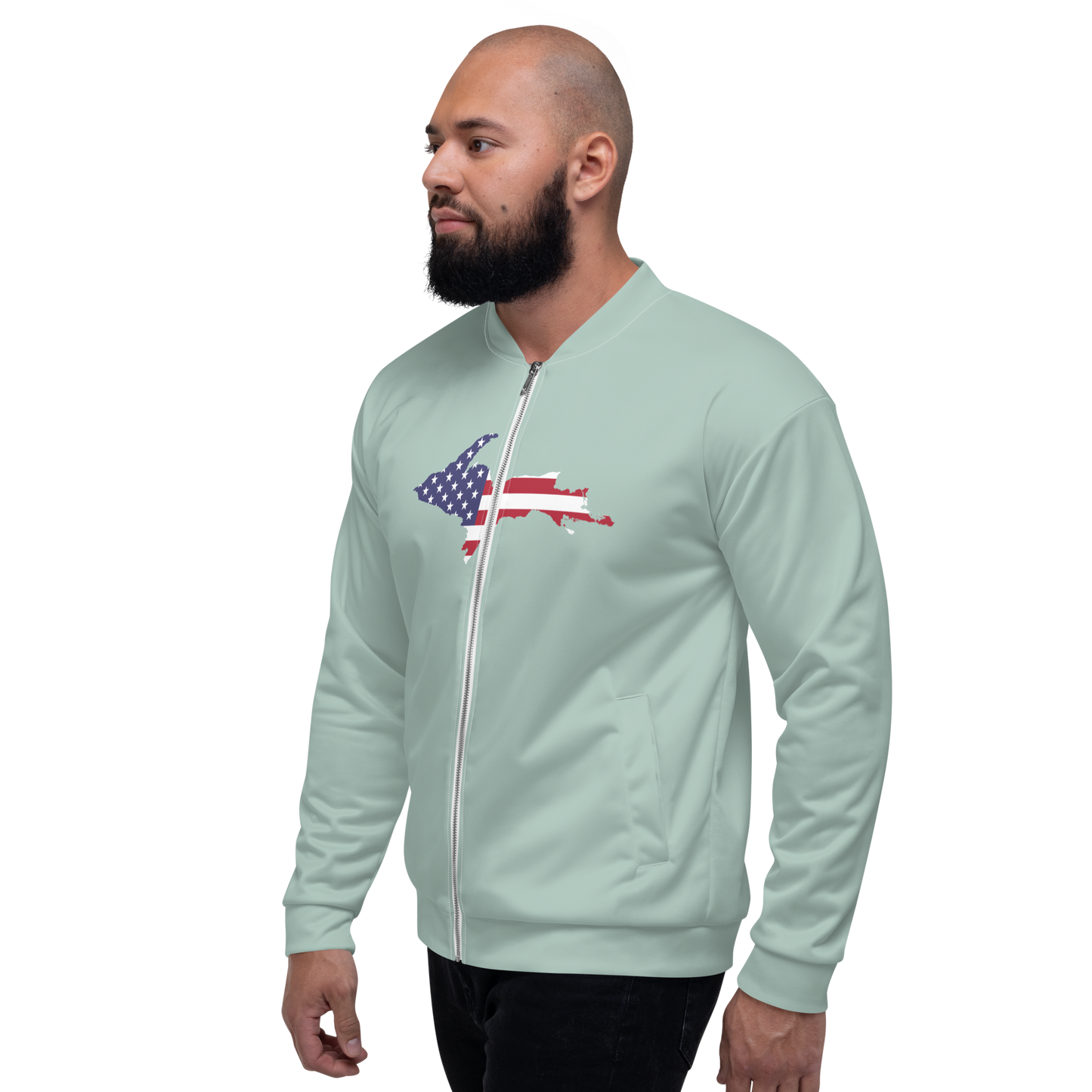 Michigan Upper Peninsula Bomber Jacket (w/ Large UP USA Flag Outline) | Opal Color