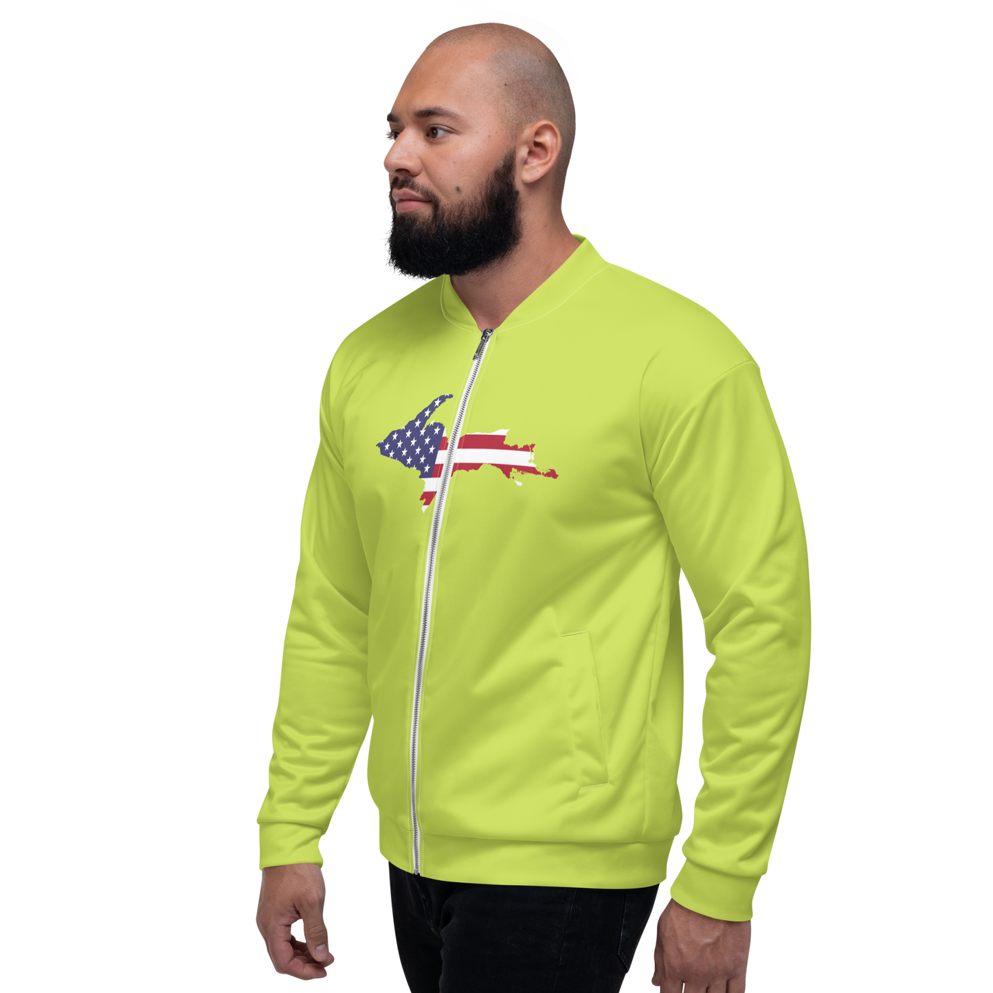 Michigan Upper Peninsula Bomber Jacket (w/ Large UP USA Flag Outline) | Gooseberry Green