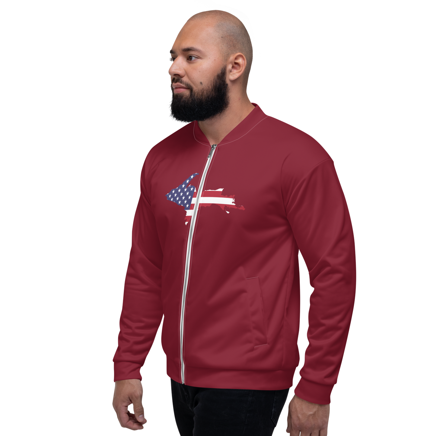 Michigan Upper Peninsula Bomber Jacket (w/ Large UP USA Flag Outline) | Burgundy