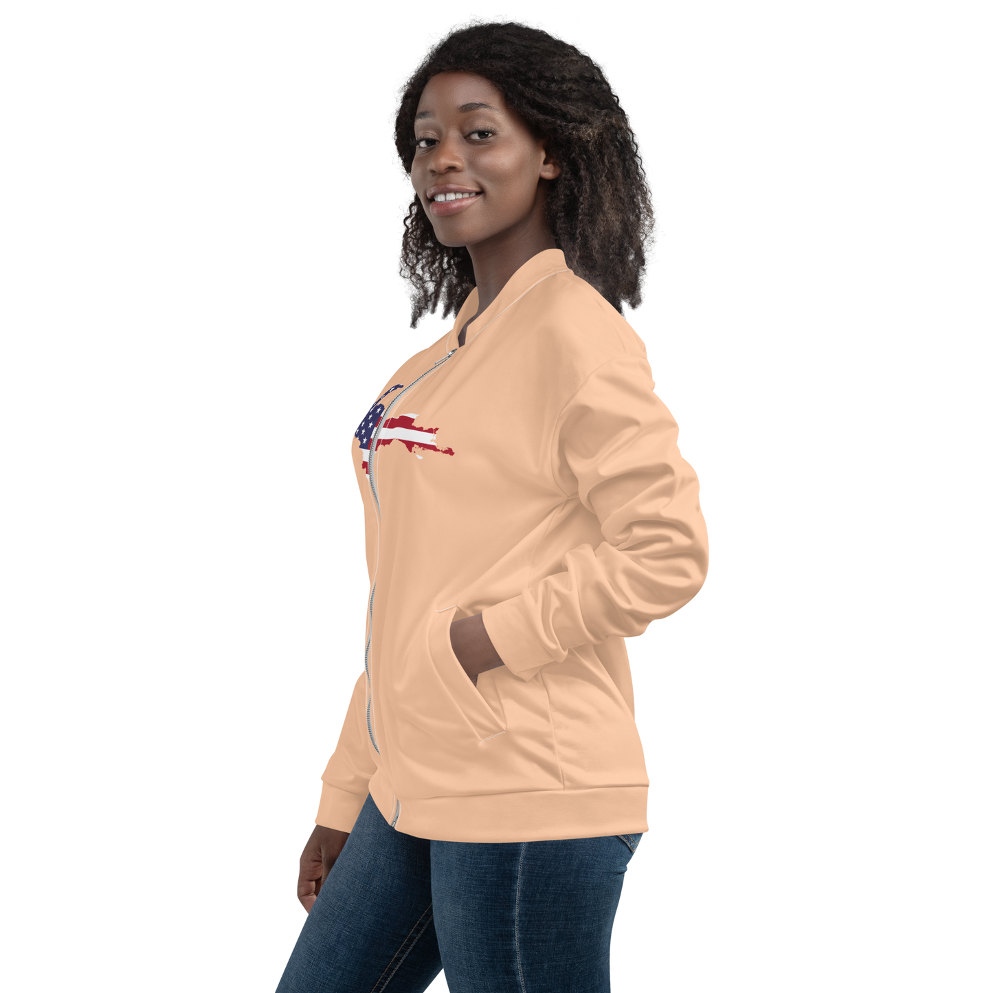 Michigan Upper Peninsula Bomber Jacket (w/ Large UP USA Flag Outline) | Peach Color