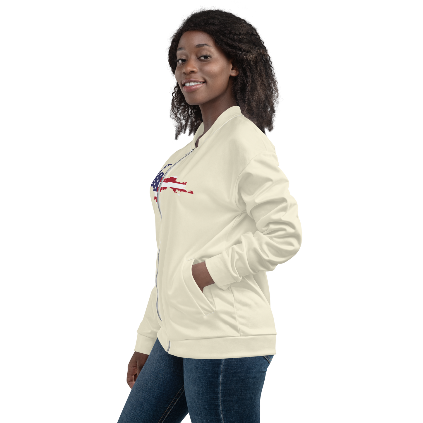 Michigan Upper Peninsula Bomber Jacket (w/ Large UP USA Flag Outline) | Ivory White