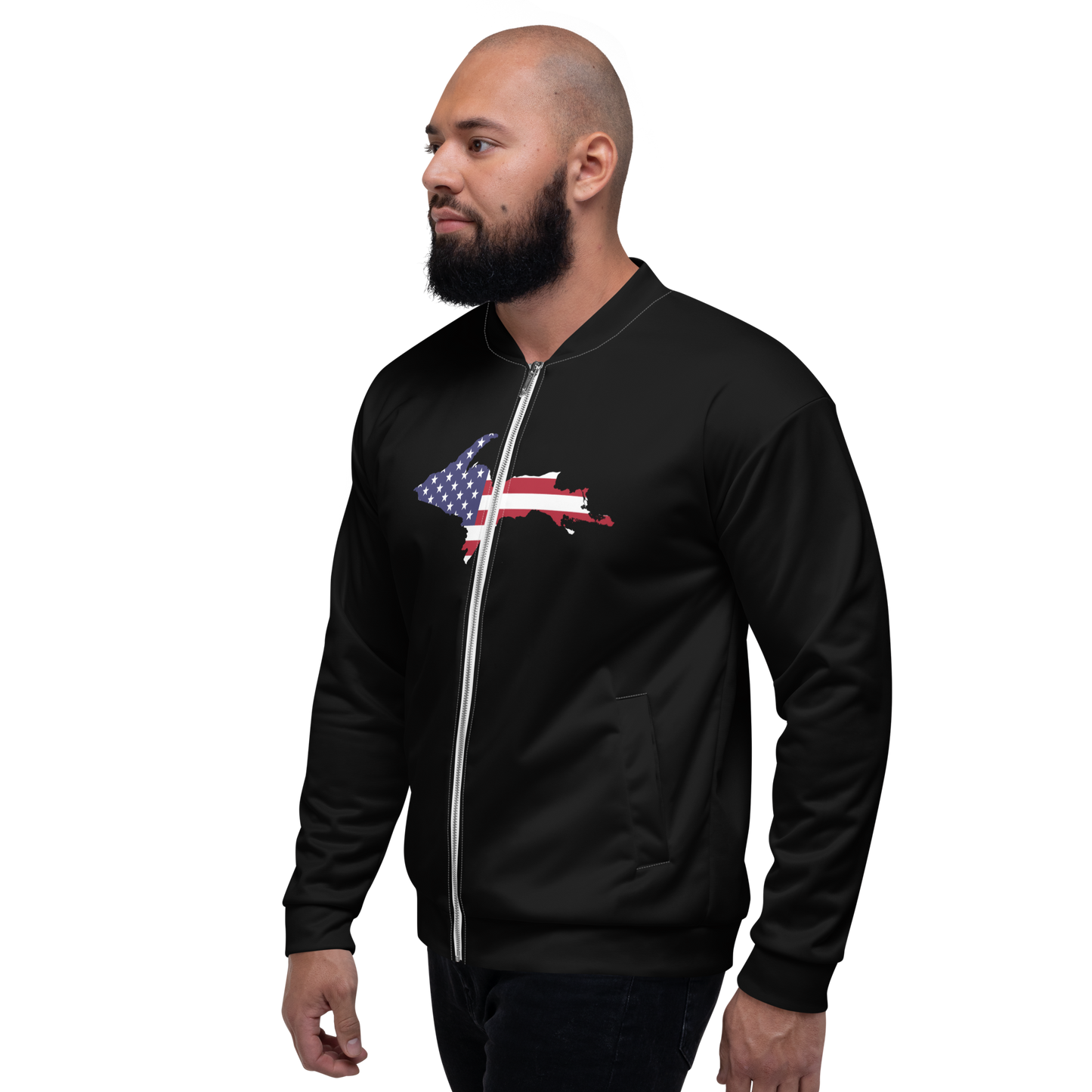 Michigan Upper Peninsula Bomber Jacket (w/ Large UP USA Flag Outline) | Black