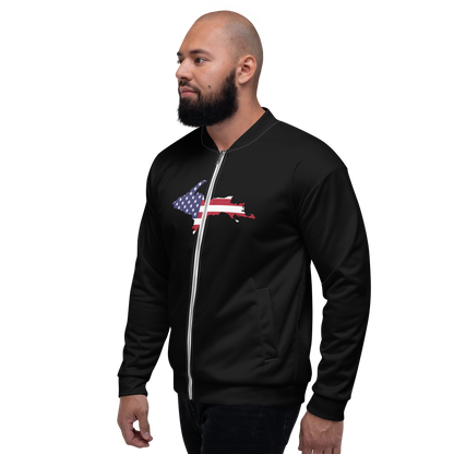 Michigan Upper Peninsula Bomber Jacket (w/ Large UP USA Flag Outline) | Black