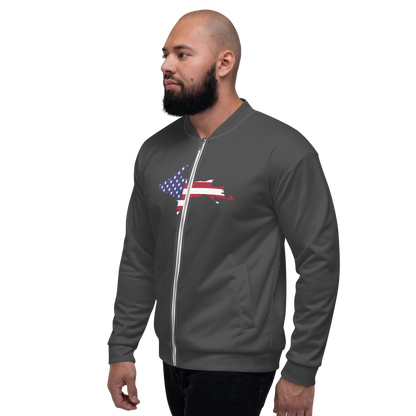 Michigan Upper Peninsula Bomber Jacket (w/ Large UP USA Flag Outline) | Iron Ore Grey