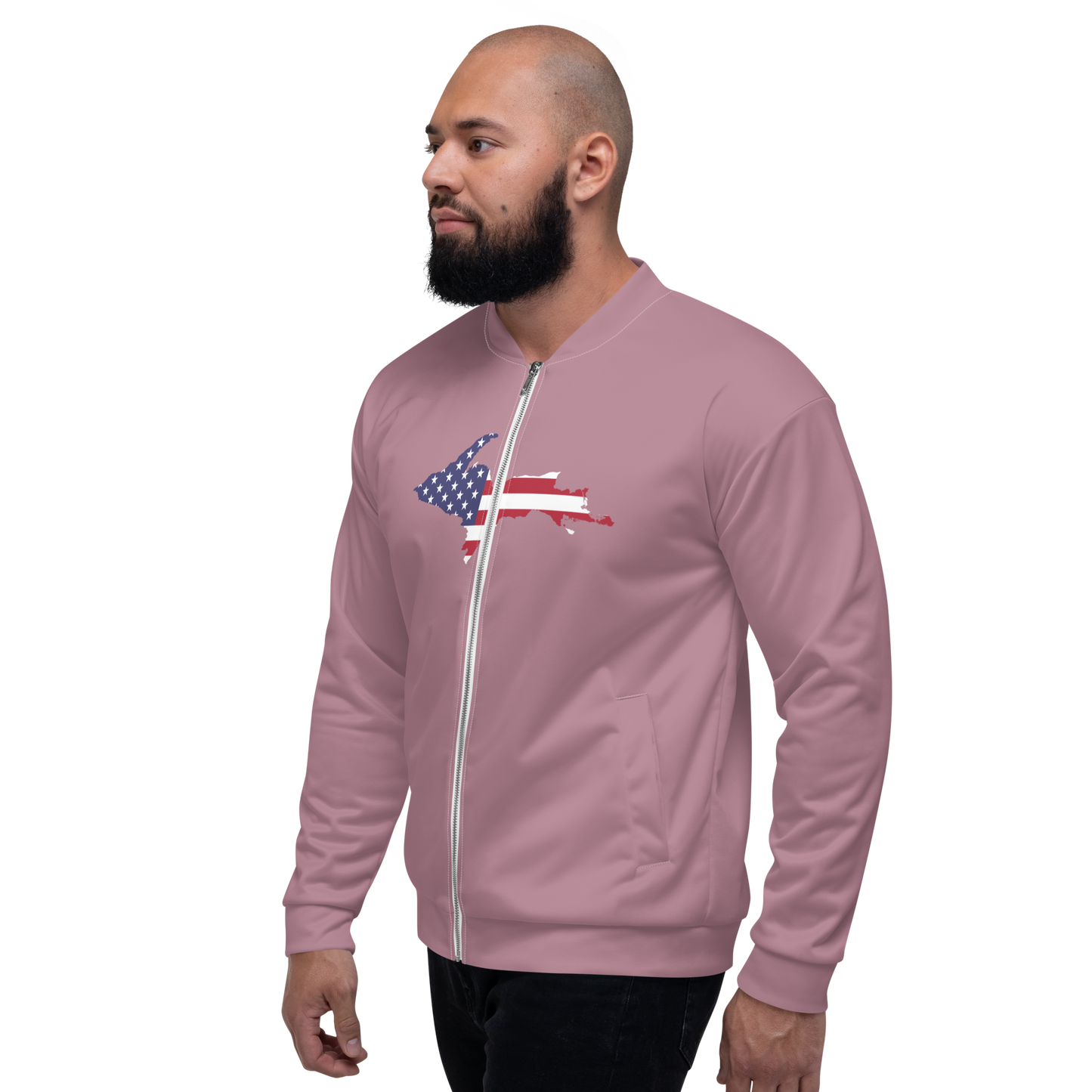 Michigan Upper Peninsula Bomber Jacket (w/ Large UP USA Flag Outline) | Cherry Blossom Pink