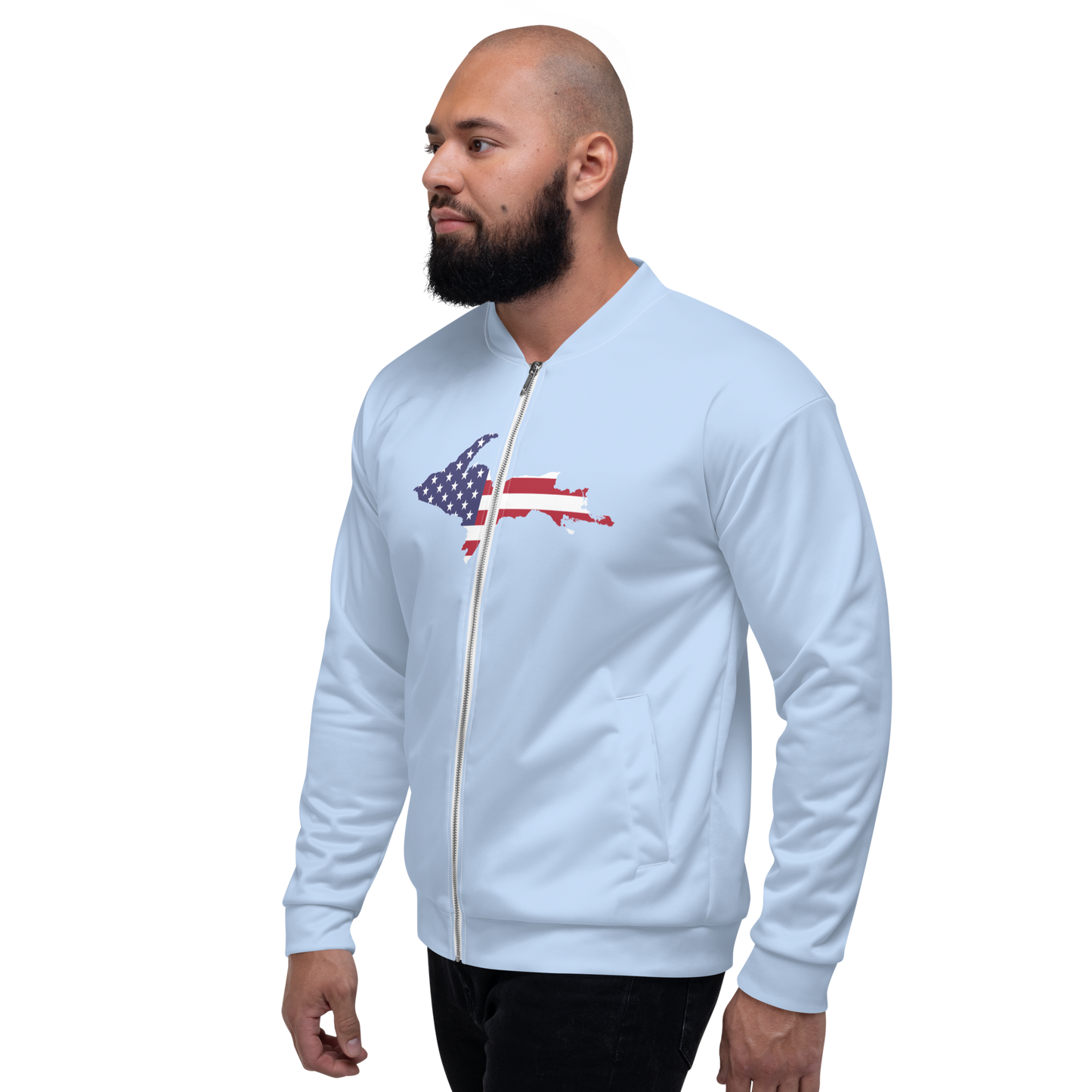 Michigan Upper Peninsula Bomber Jacket (w/ Large UP USA Flag Outline) | Light Blue