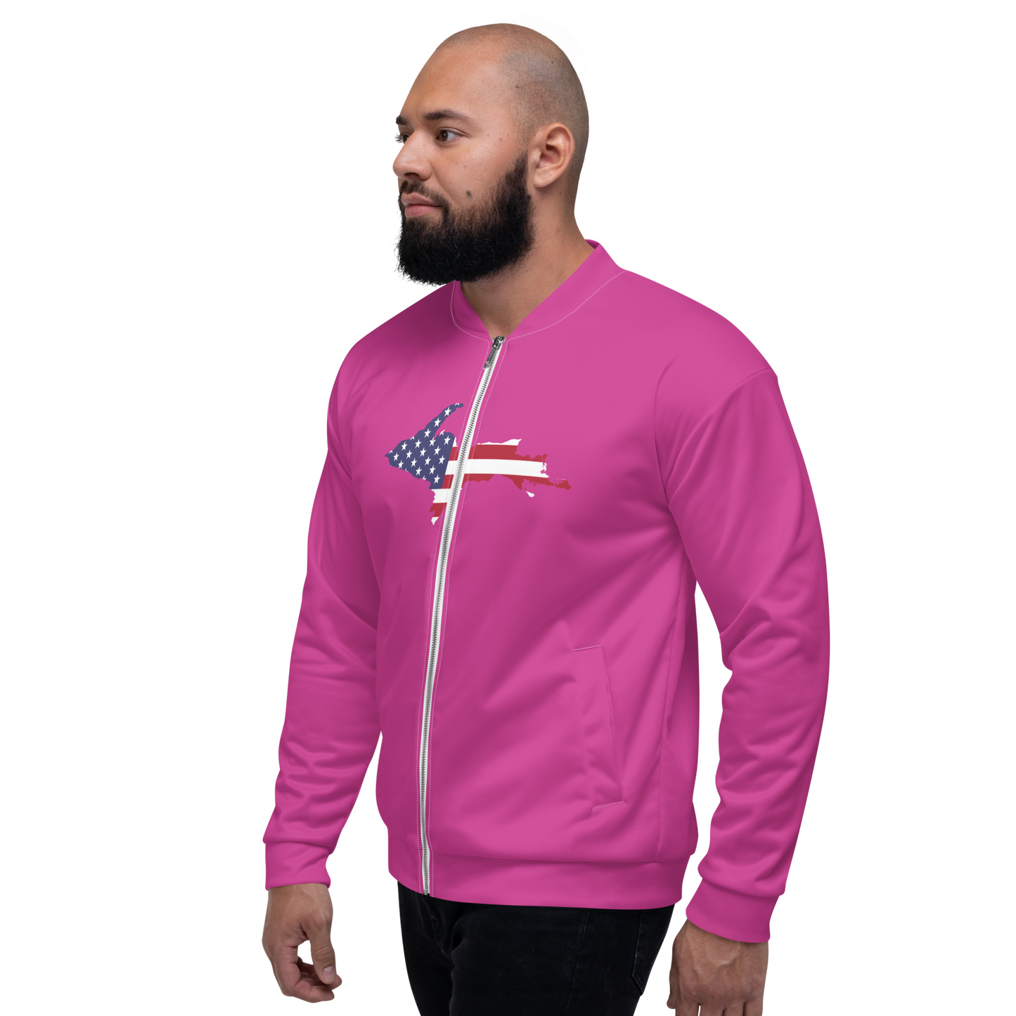 Michigan Upper Peninsula Bomber Jacket (w/ Large UP USA Flag Outline) | Apple Blossom Pink