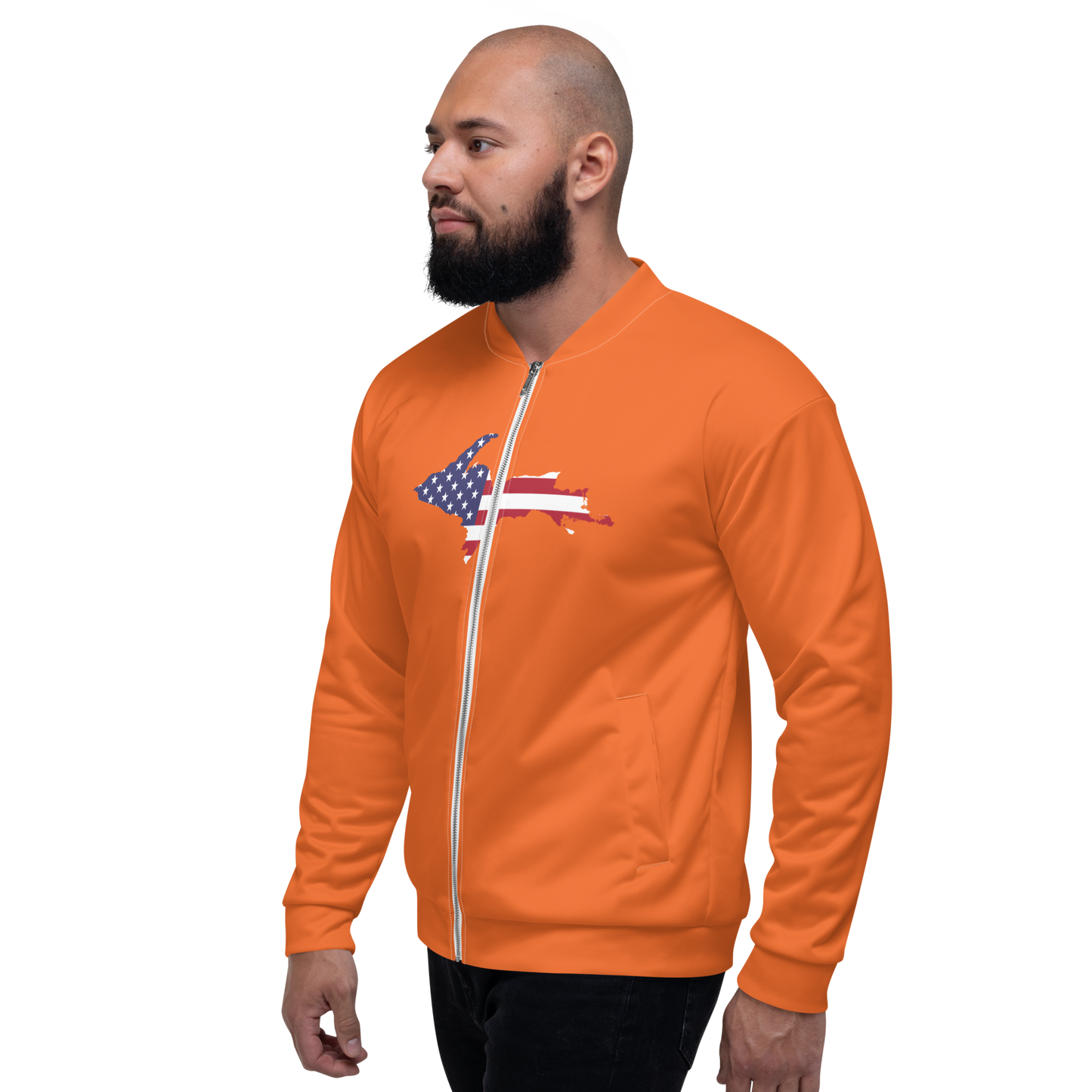 Michigan Upper Peninsula Bomber Jacket (w/ Large UP USA Flag Outline) | Orange