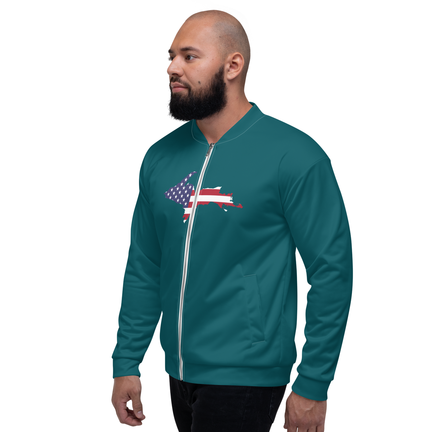 Michigan Upper Peninsula Bomber Jacket (w/ Large UP USA Flag Outline) | Teal