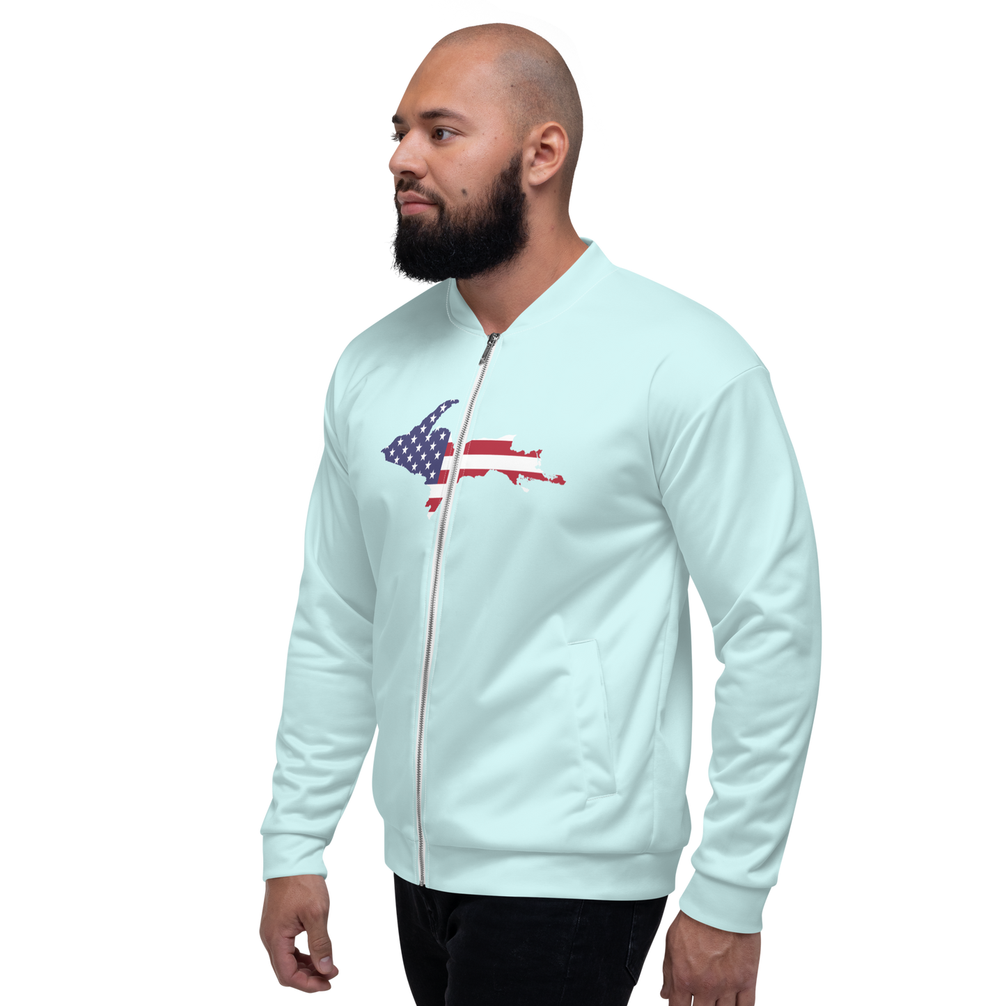 Michigan Upper Peninsula Bomber Jacket (w/ Large UP USA Flag Outline) | Cyan