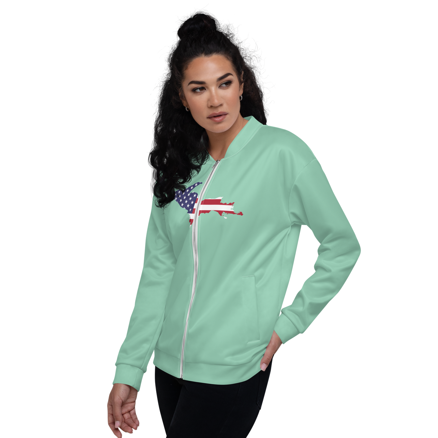 Michigan Upper Peninsula Bomber Jacket (w/ Large UP USA Flag Outline) | Turquoise Green