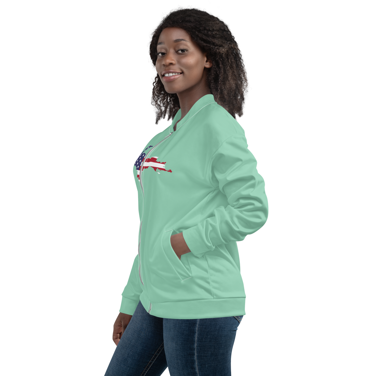 Michigan Upper Peninsula Bomber Jacket (w/ Large UP USA Flag Outline) | Turquoise Green