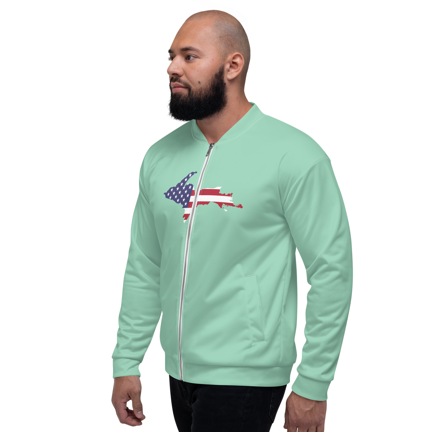 Michigan Upper Peninsula Bomber Jacket (w/ Large UP USA Flag Outline) | Turquoise Green