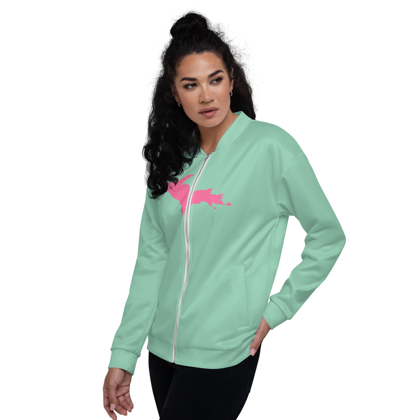 Michigan Upper Peninsula Bomber Jacket (w/ Large Pink UP Outline) | Turquoise Green