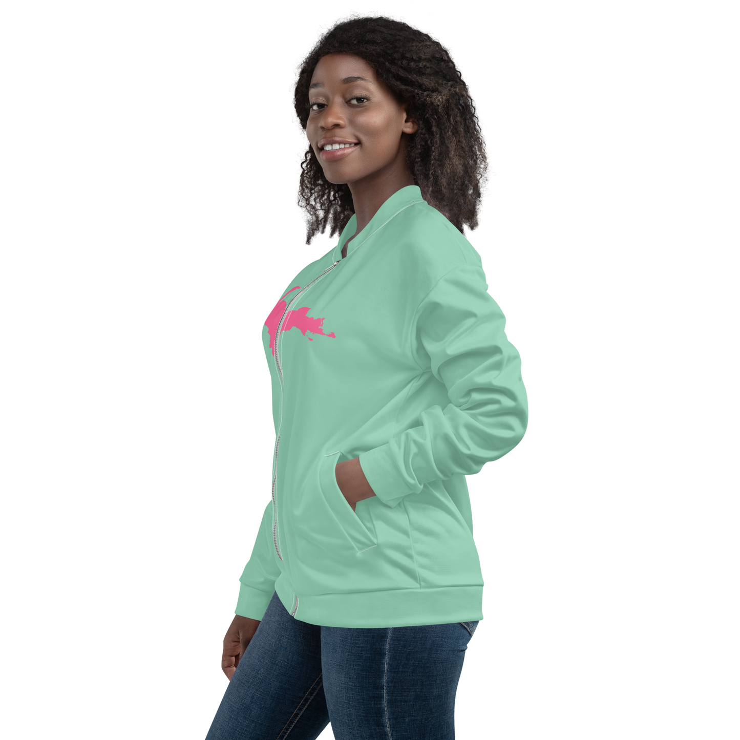 Michigan Upper Peninsula Bomber Jacket (w/ Large Pink UP Outline) | Turquoise Green