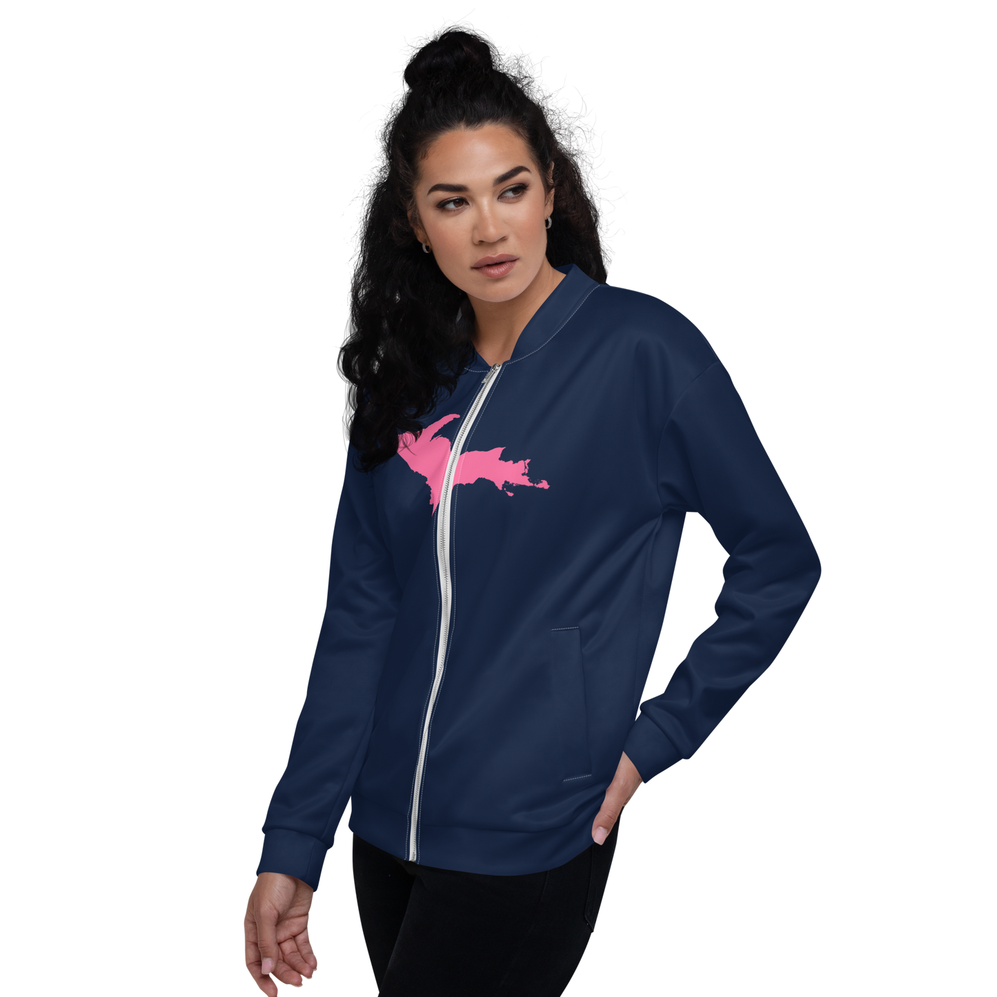 Michigan Upper Peninsula Bomber Jacket (w/ Large Pink UP Outline) | Navy