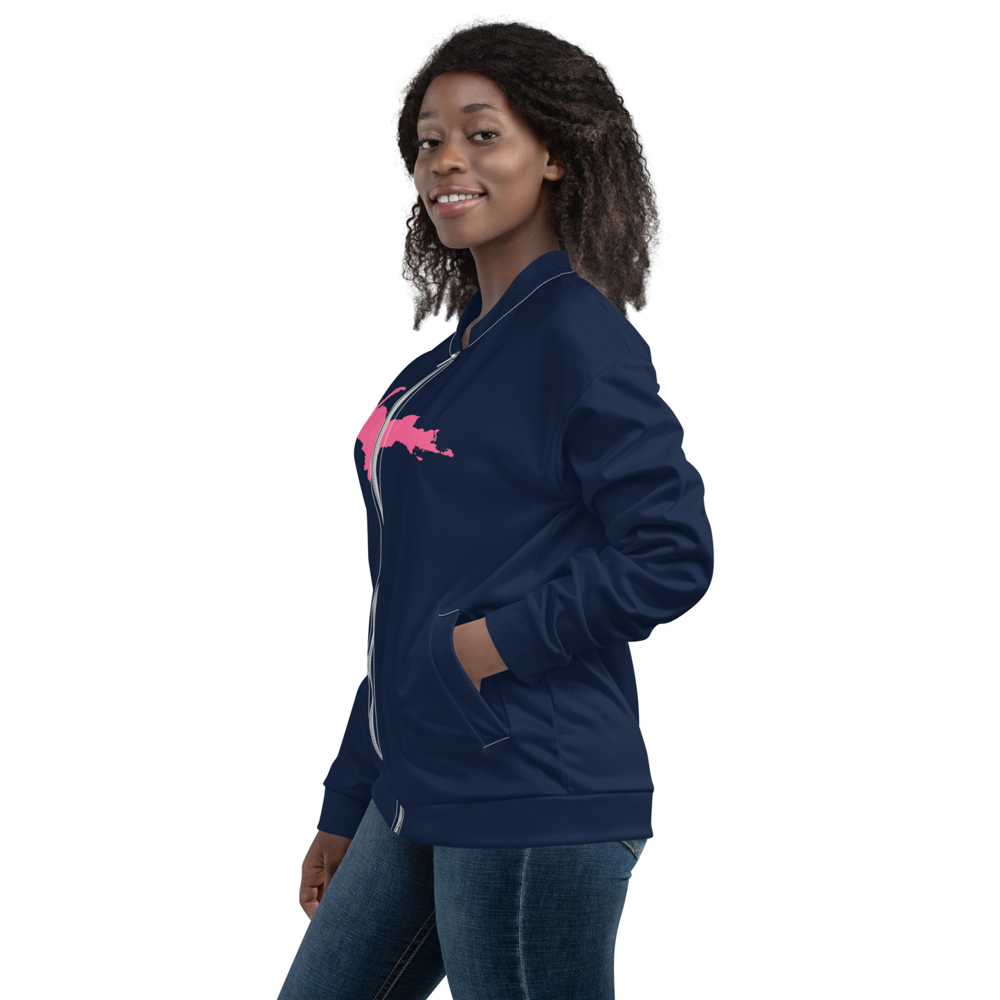 Michigan Upper Peninsula Bomber Jacket (w/ Large Pink UP Outline) | Navy