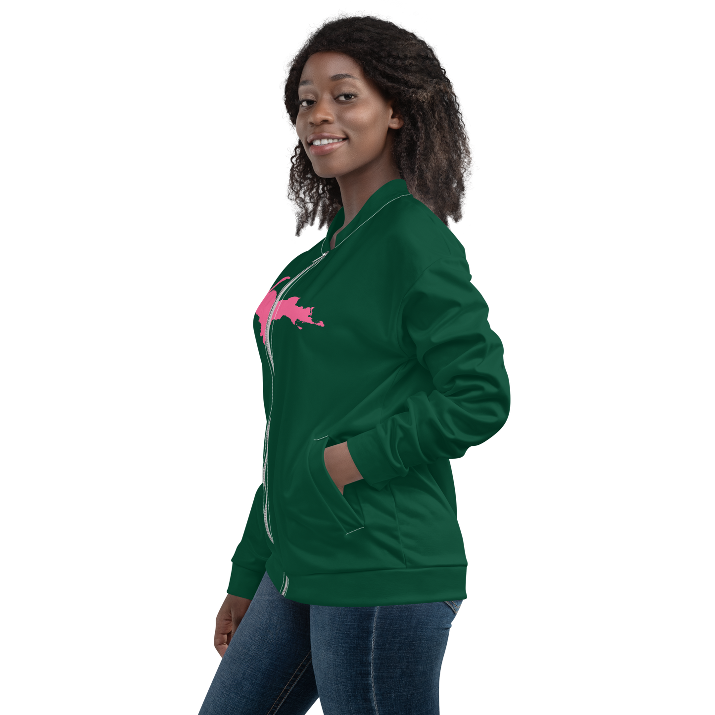 Michigan Upper Peninsula Bomber Jacket (w/ Large Pink UP Outline) | Green