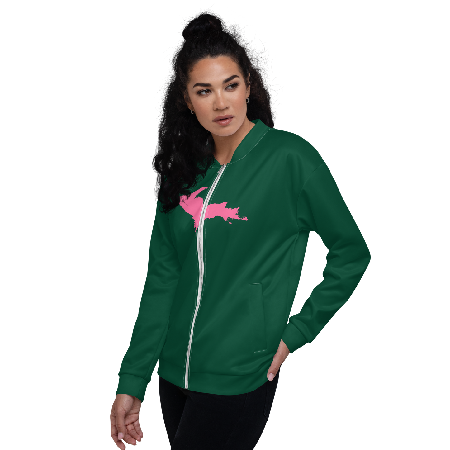 Michigan Upper Peninsula Bomber Jacket (w/ Large Pink UP Outline) | Green