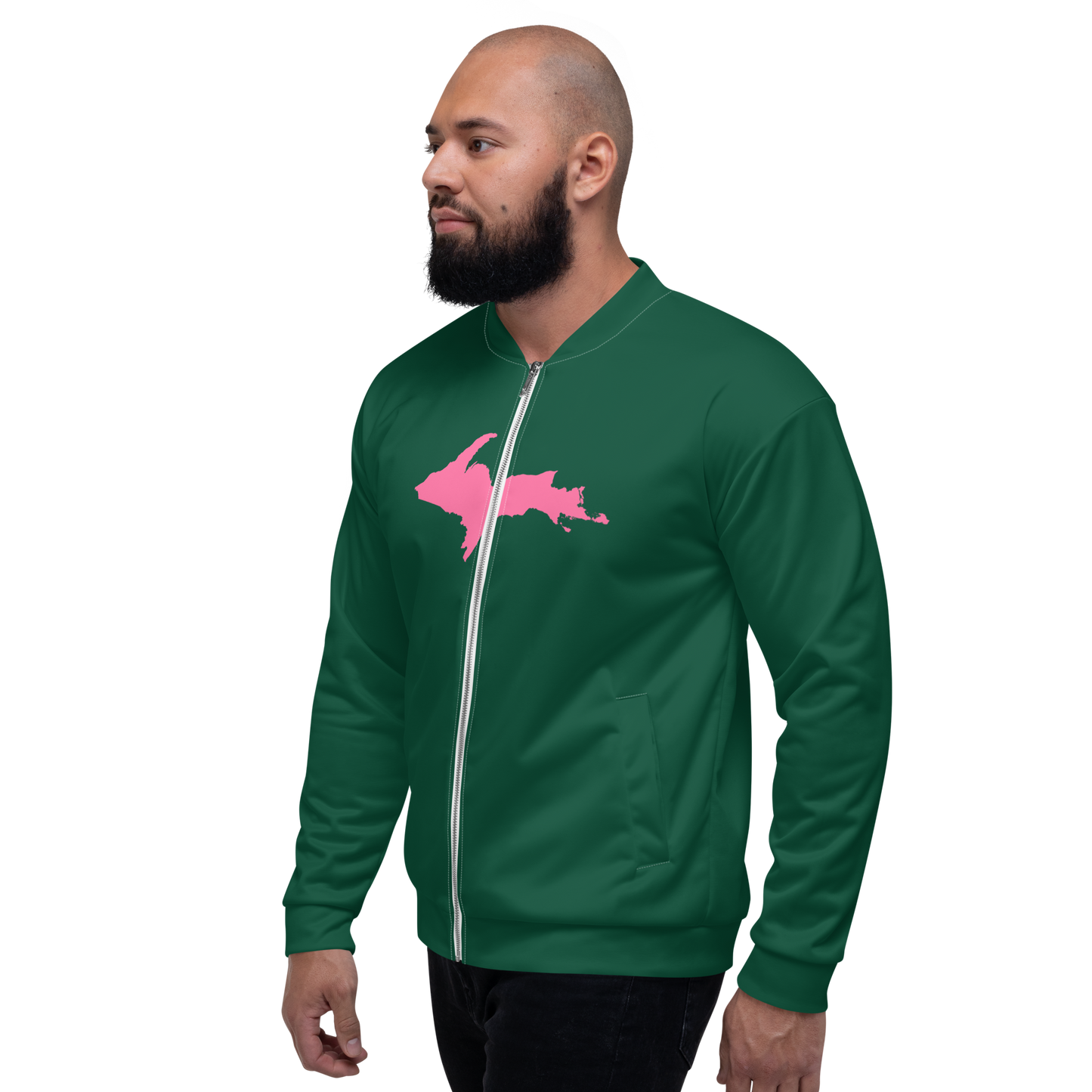 Michigan Upper Peninsula Bomber Jacket (w/ Large Pink UP Outline) | Green