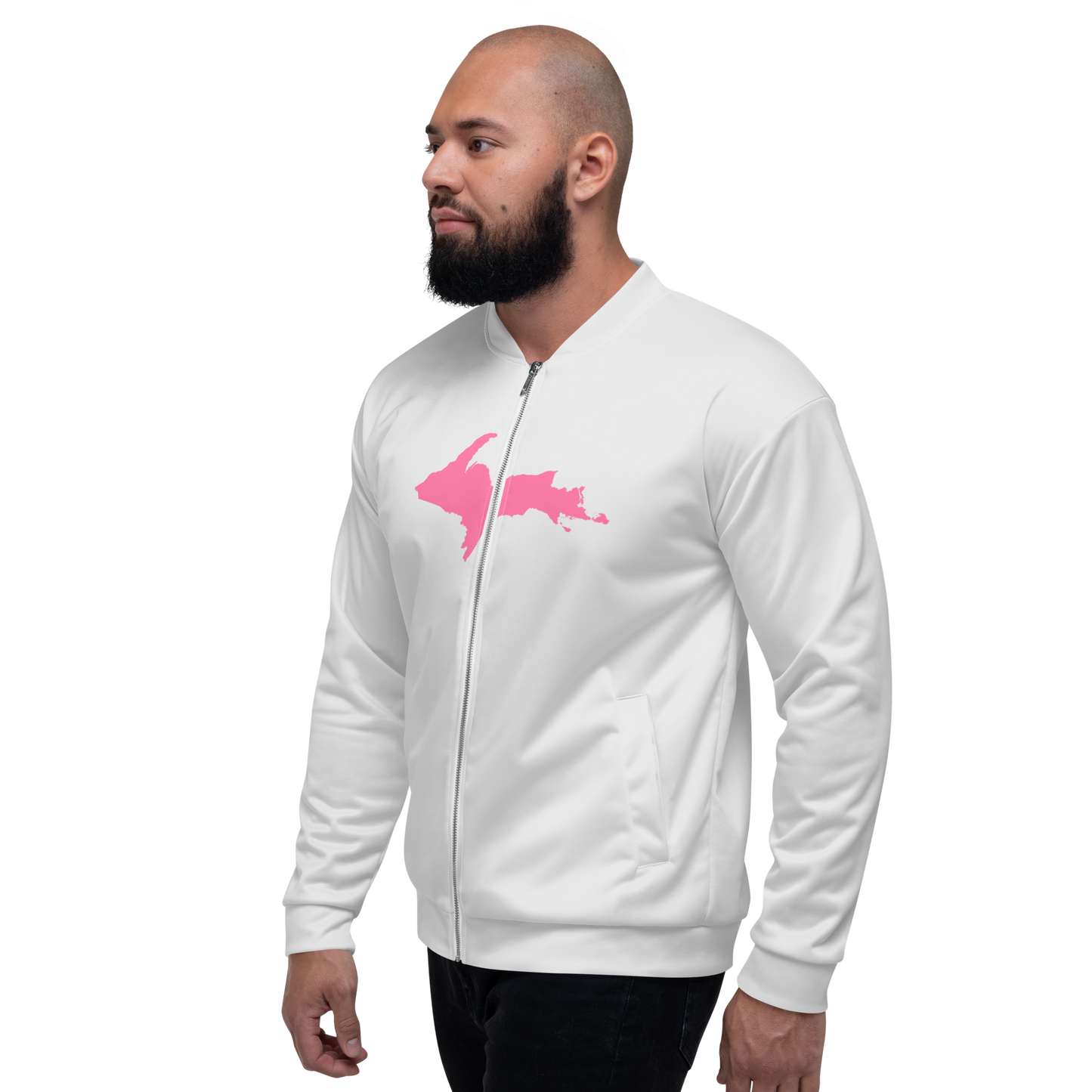 Michigan Upper Peninsula Bomber Jacket (w/ Large Pink UP Outline) | Birch Bark White