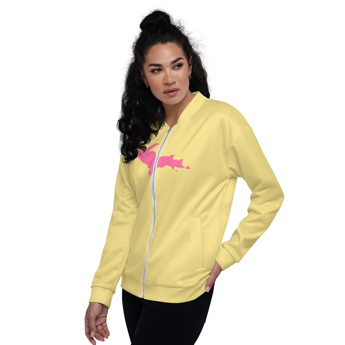 Michigan Upper Peninsula Bomber Jacket (w/ Large Pink UP Outline) | Cherry Yellow