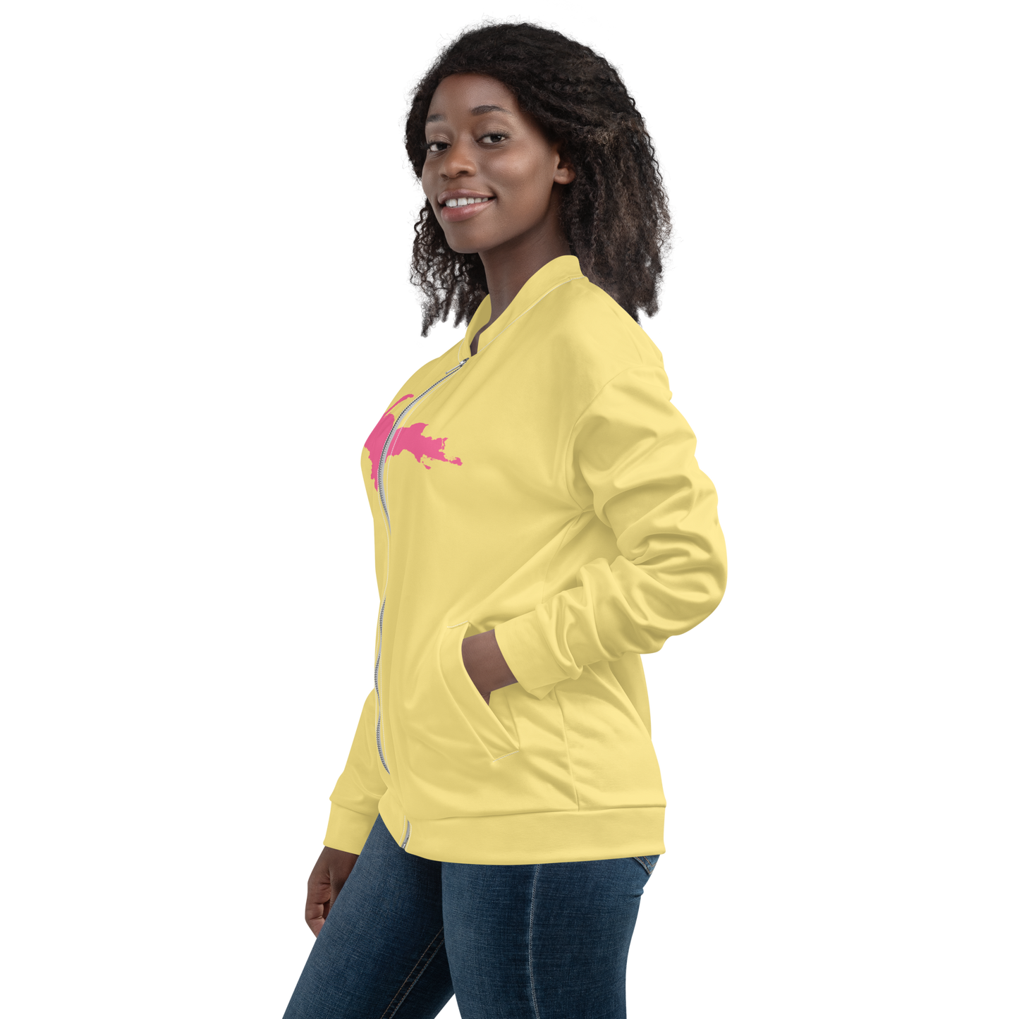 Michigan Upper Peninsula Bomber Jacket (w/ Large Pink UP Outline) | Cherry Yellow