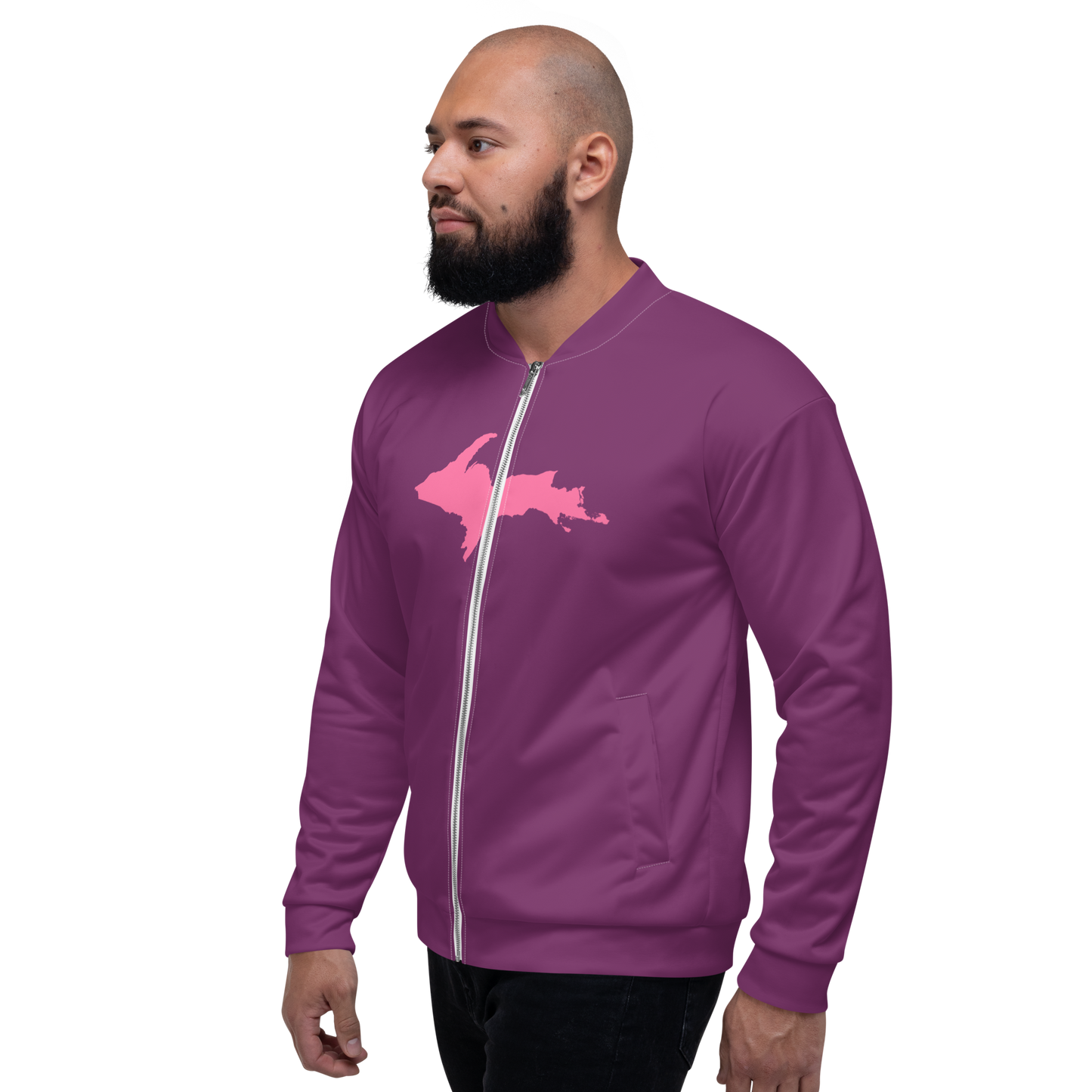 Michigan Upper Peninsula Bomber Jacket (w/ Large Pink UP Outline) | Plum