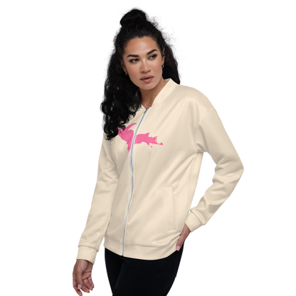 Michigan Upper Peninsula Bomber Jacket (w/ Large Pink UP Outline) | Champagne White