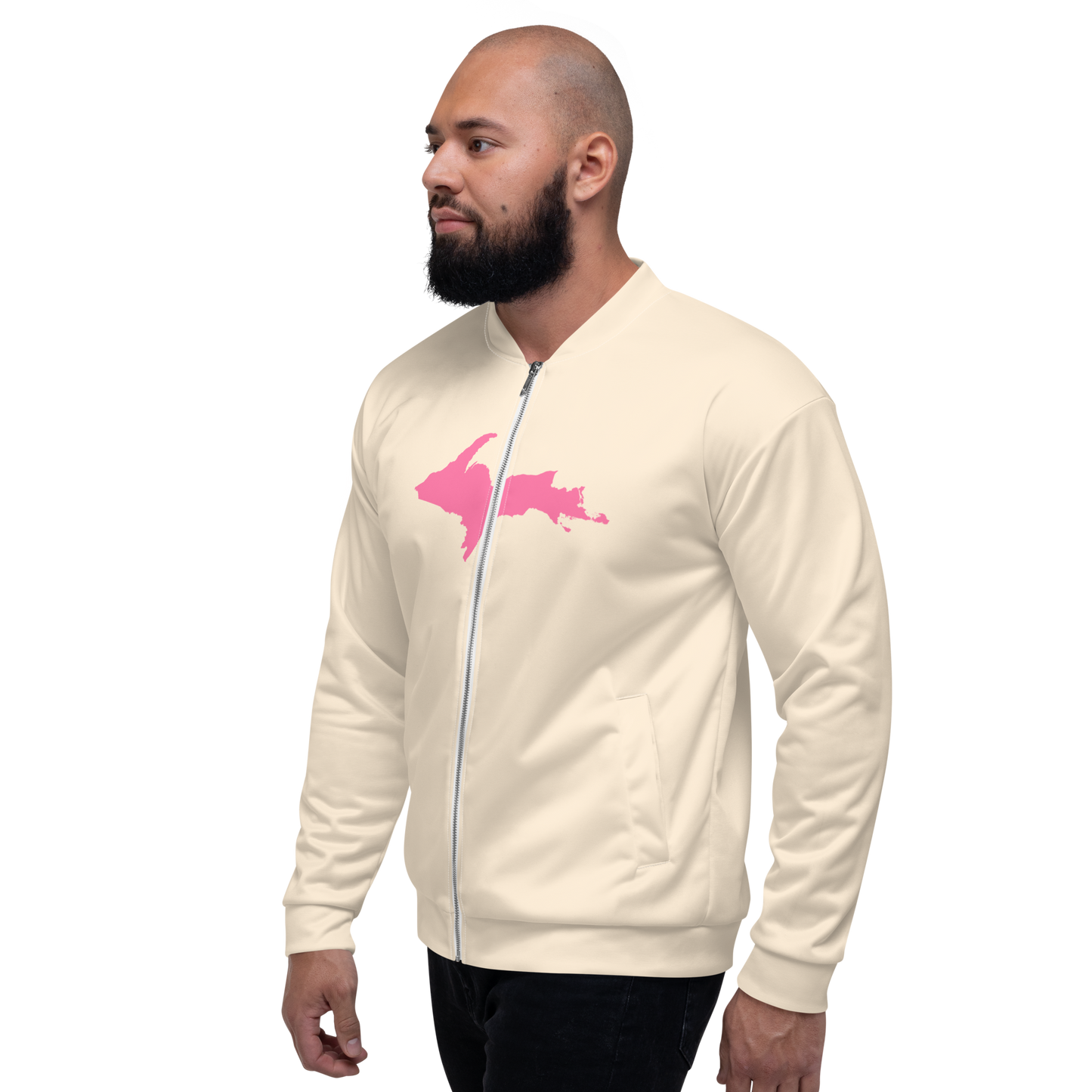 Michigan Upper Peninsula Bomber Jacket (w/ Large Pink UP Outline) | Champagne White