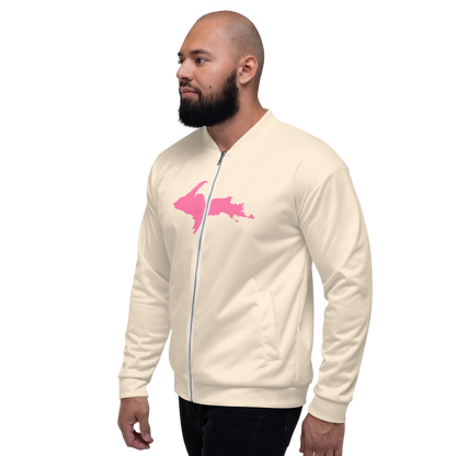 Michigan Upper Peninsula Bomber Jacket (w/ Large Pink UP Outline) | Champagne White