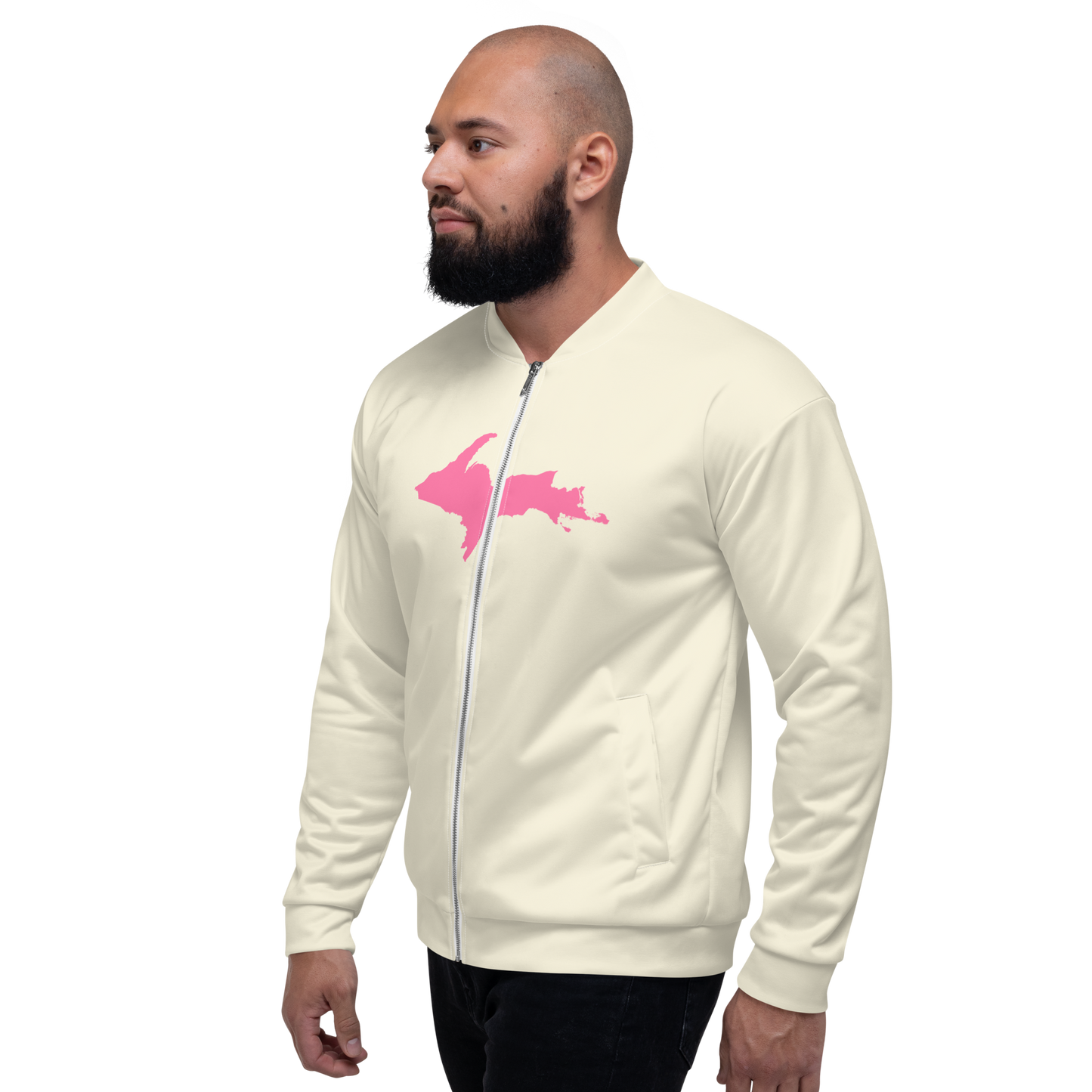 Michigan Upper Peninsula Bomber Jacket (w/ Large Pink UP Outline) | Ivory White