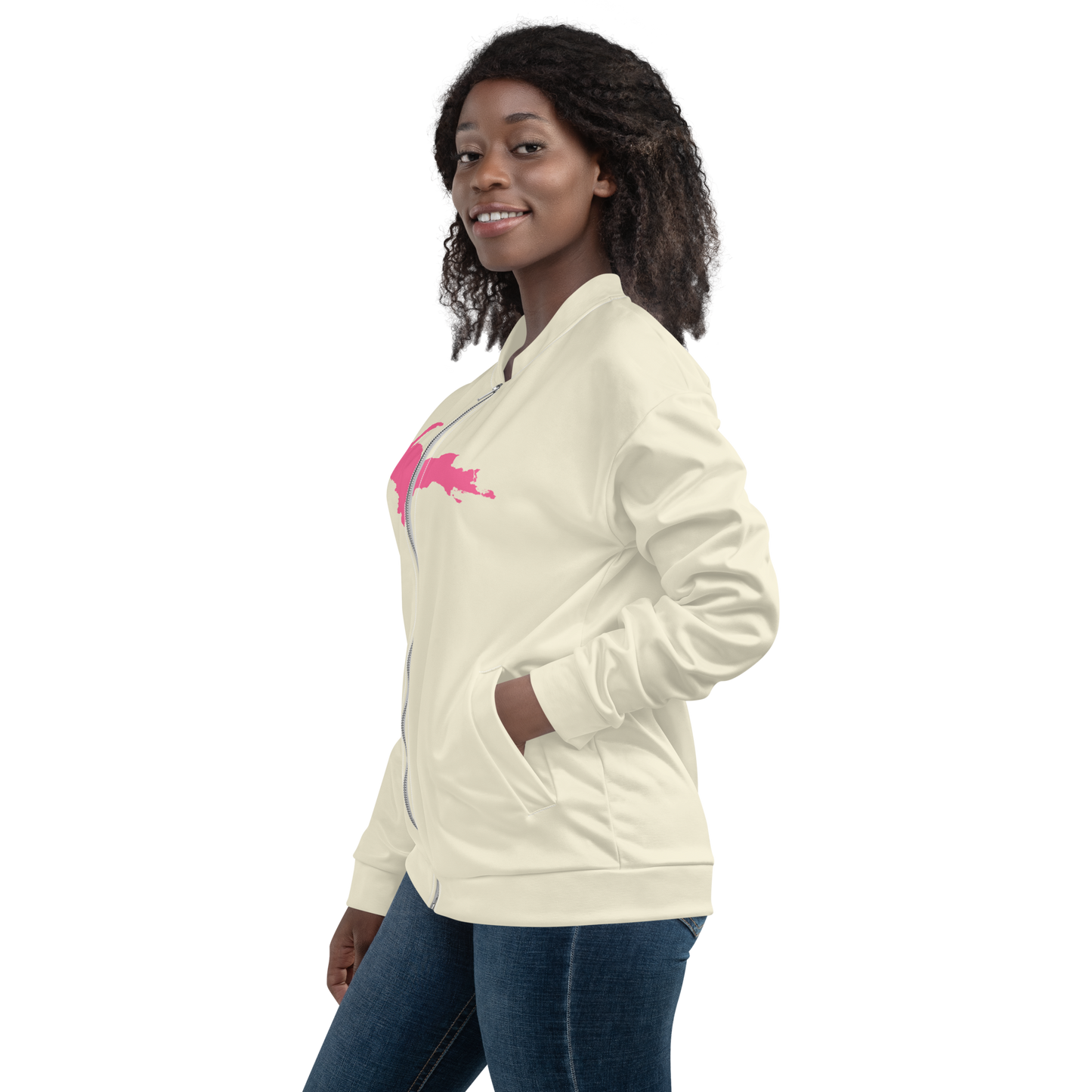 Michigan Upper Peninsula Bomber Jacket (w/ Large Pink UP Outline) | Ivory White