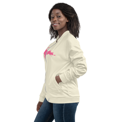 Michigan Upper Peninsula Bomber Jacket (w/ Large Pink UP Outline) | Ivory White