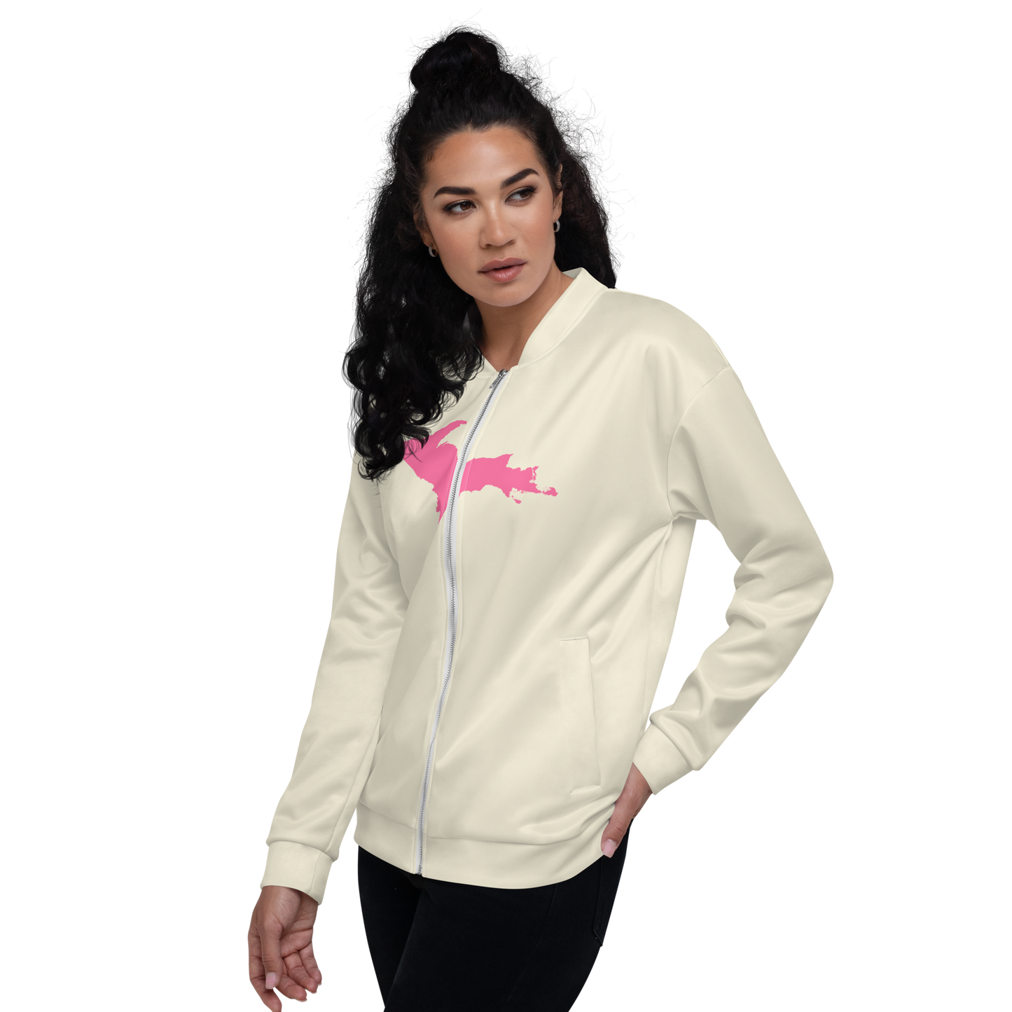 Michigan Upper Peninsula Bomber Jacket (w/ Large Pink UP Outline) | Ivory White