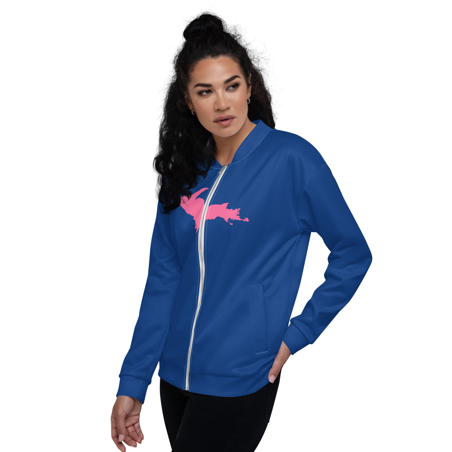 Michigan Upper Peninsula Bomber Jacket (w/ Large Pink UP Outline) | Dearborn Blue