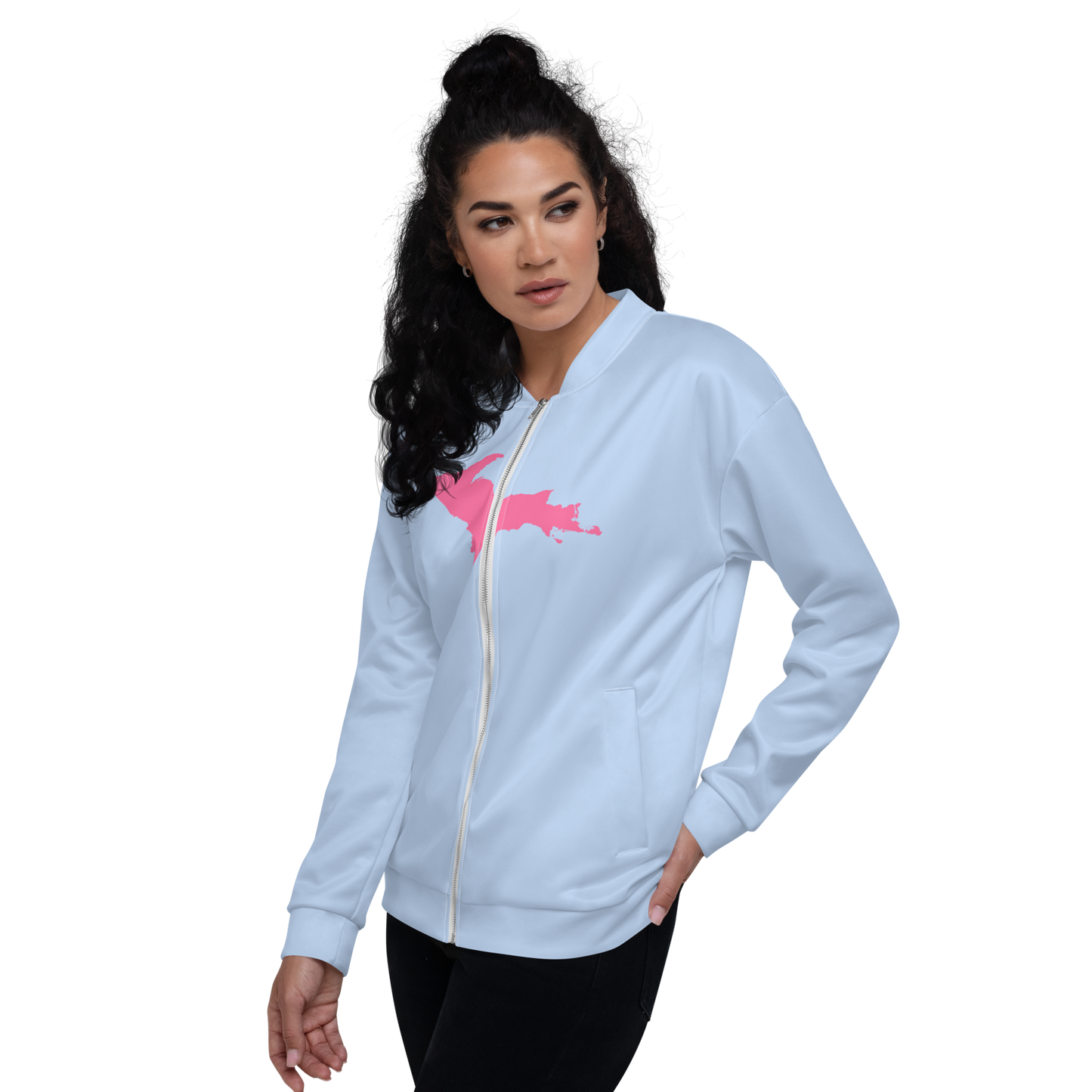 Michigan Upper Peninsula Bomber Jacket (w/ Large Pink UP Outline) | Light Blue