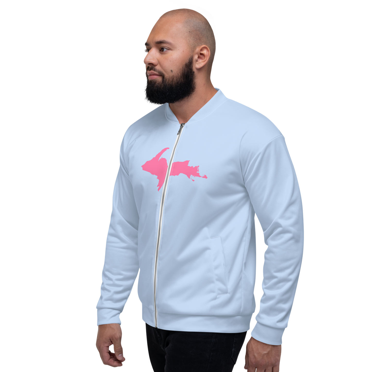 Michigan Upper Peninsula Bomber Jacket (w/ Large Pink UP Outline) | Light Blue