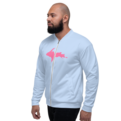 Michigan Upper Peninsula Bomber Jacket (w/ Large Pink UP Outline) | Light Blue