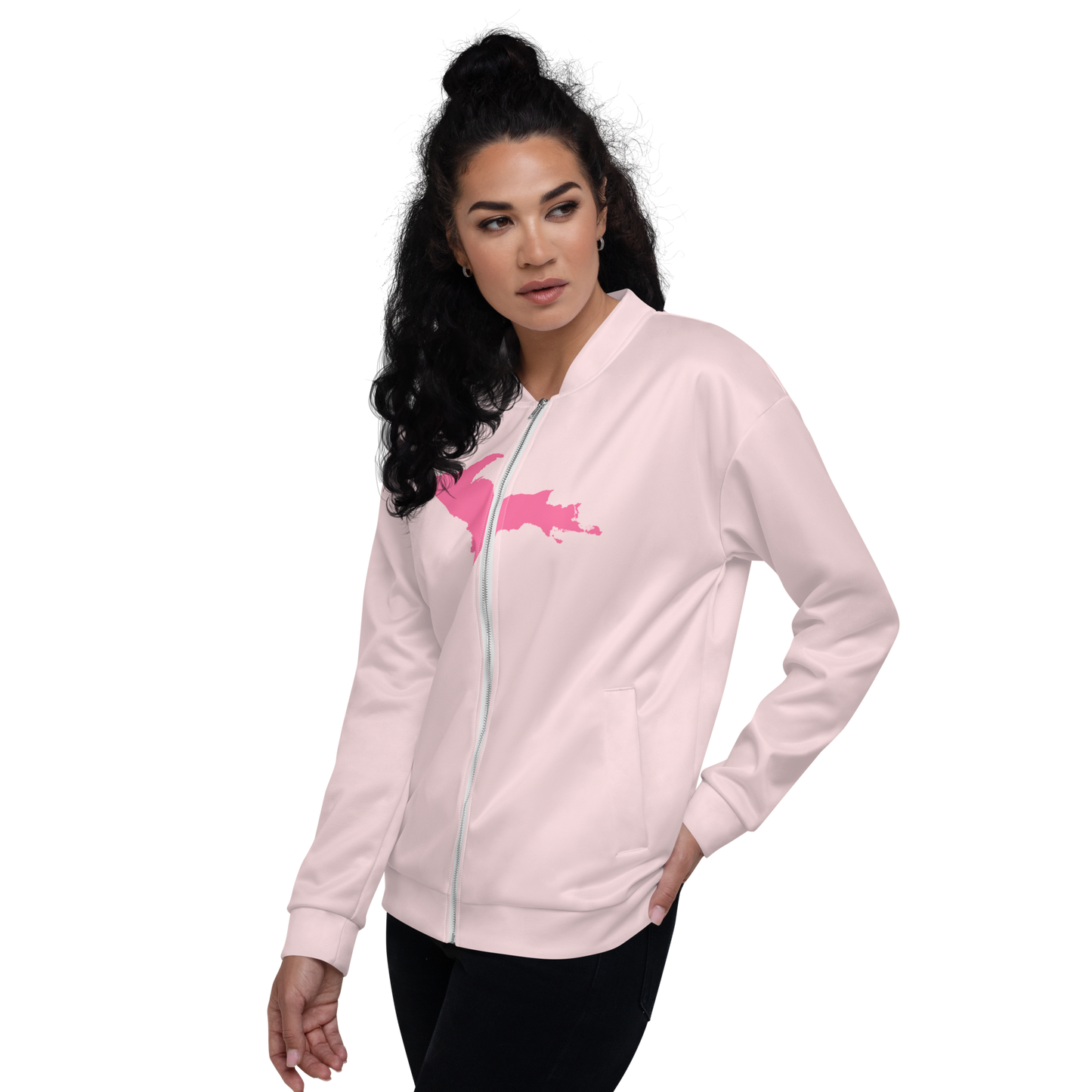 Michigan Upper Peninsula Bomber Jacket (w/ Large Pink UP Outline) | Pale Pink