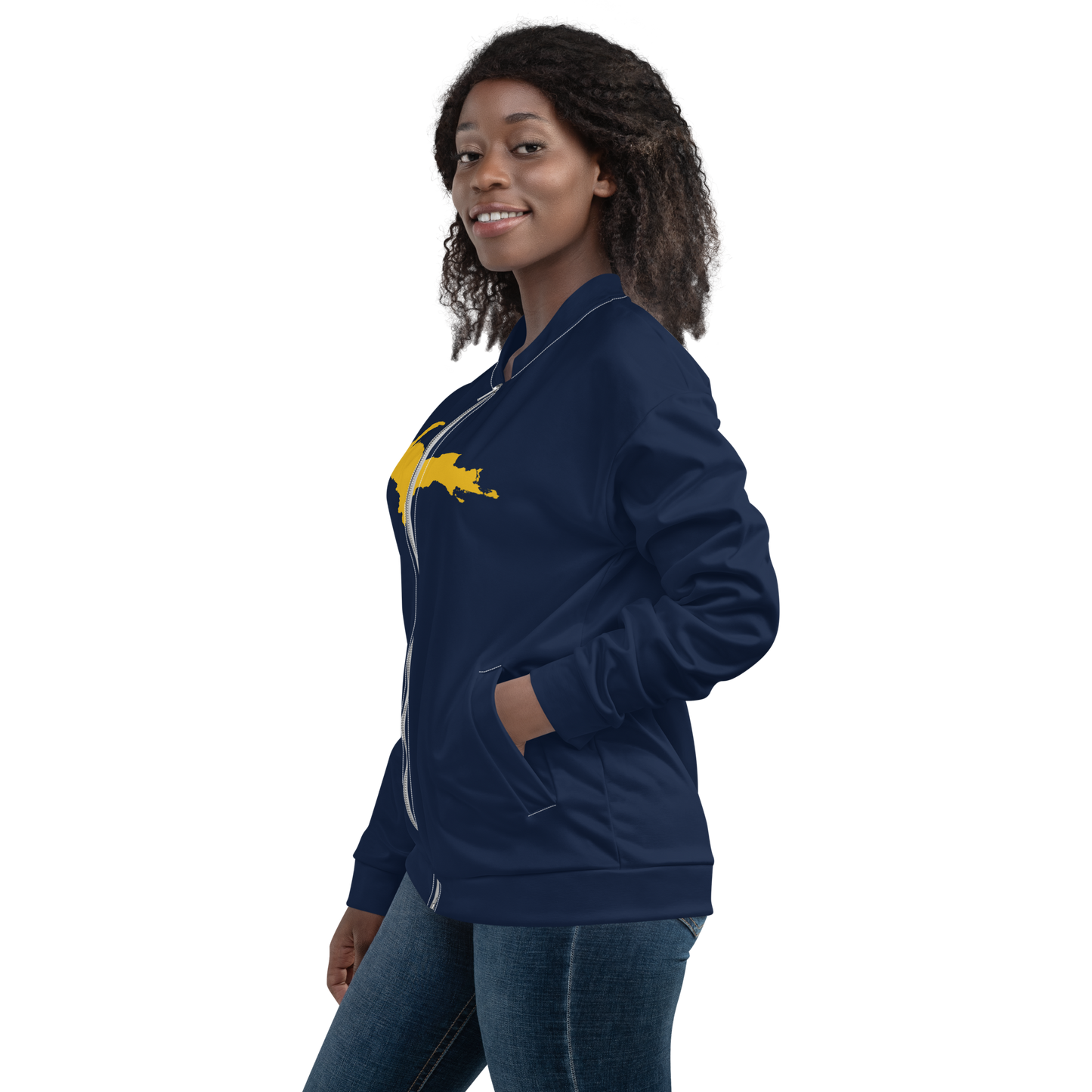 Michigan Upper Peninsula Bomber Jacket (w/ Large Gold UP Outline) | Navy