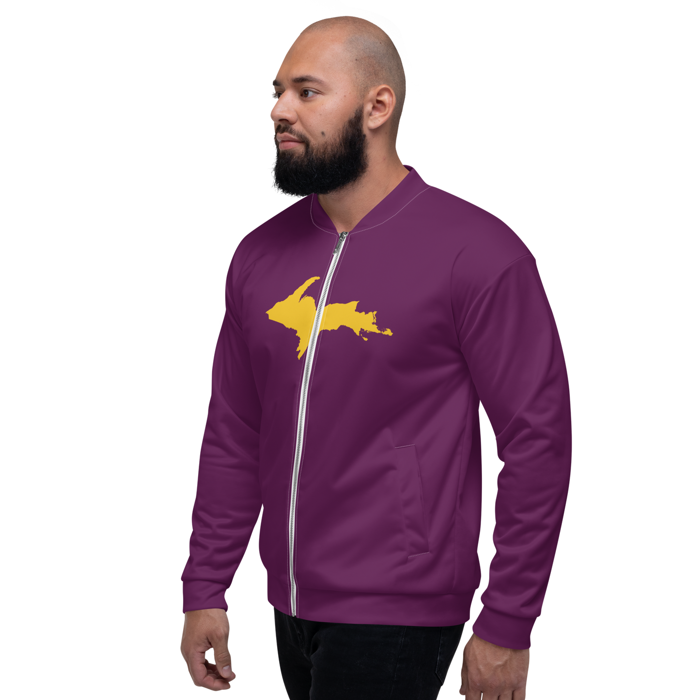 Michigan Upper Peninsula Bomber Jacket (w/ Large Gold UP Outline) | Tyrian Purple